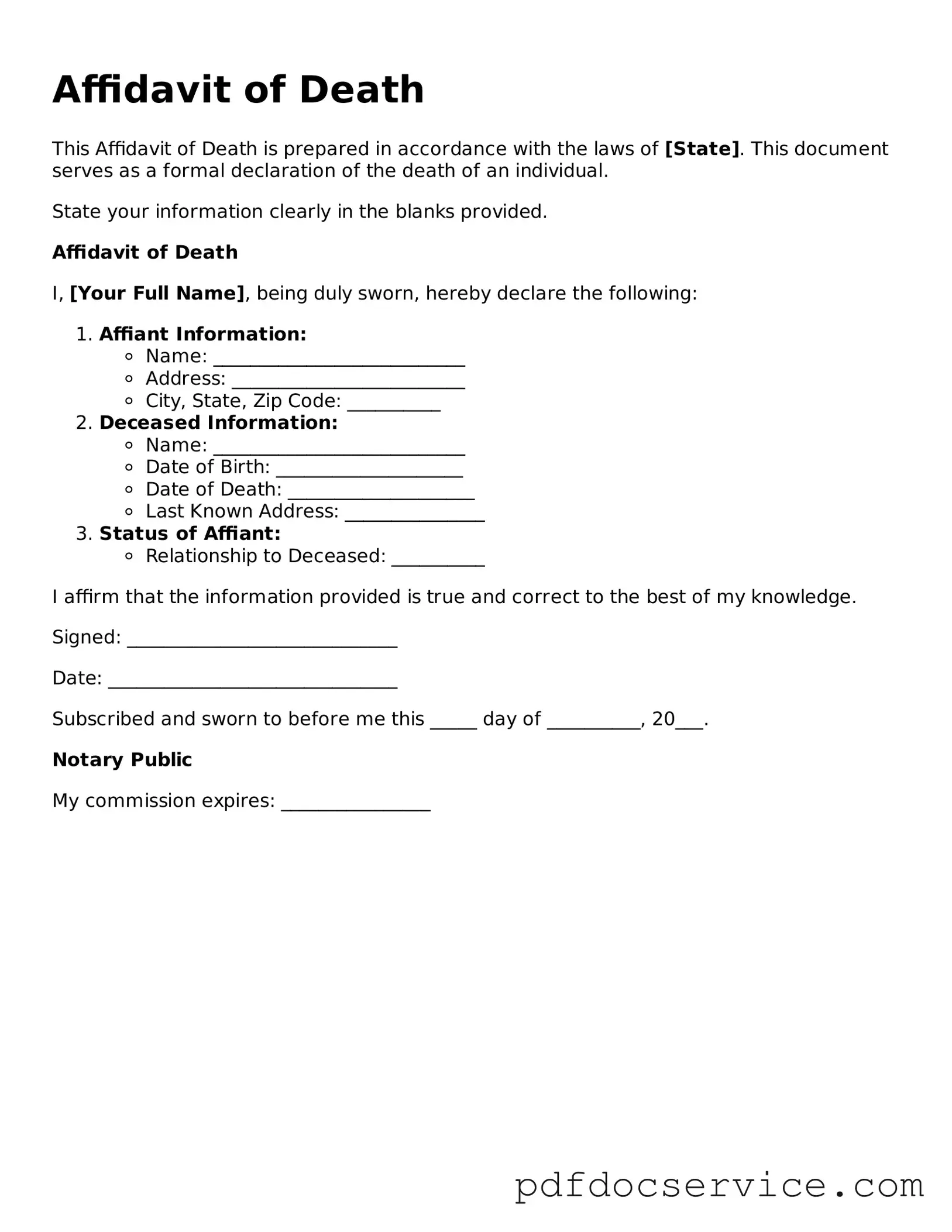Blank Affidavit of Death Form