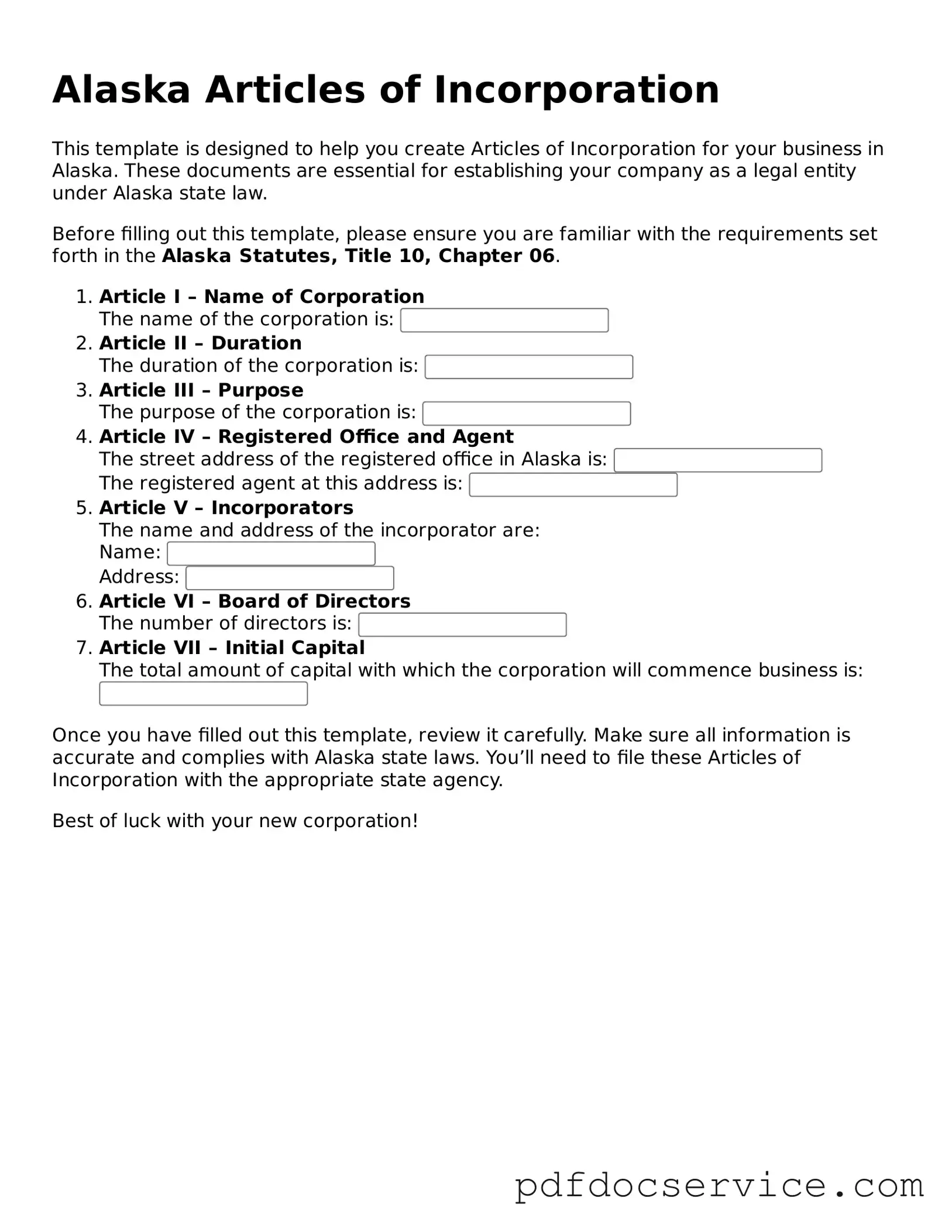 Printable  Articles of Incorporation Template for Alaska