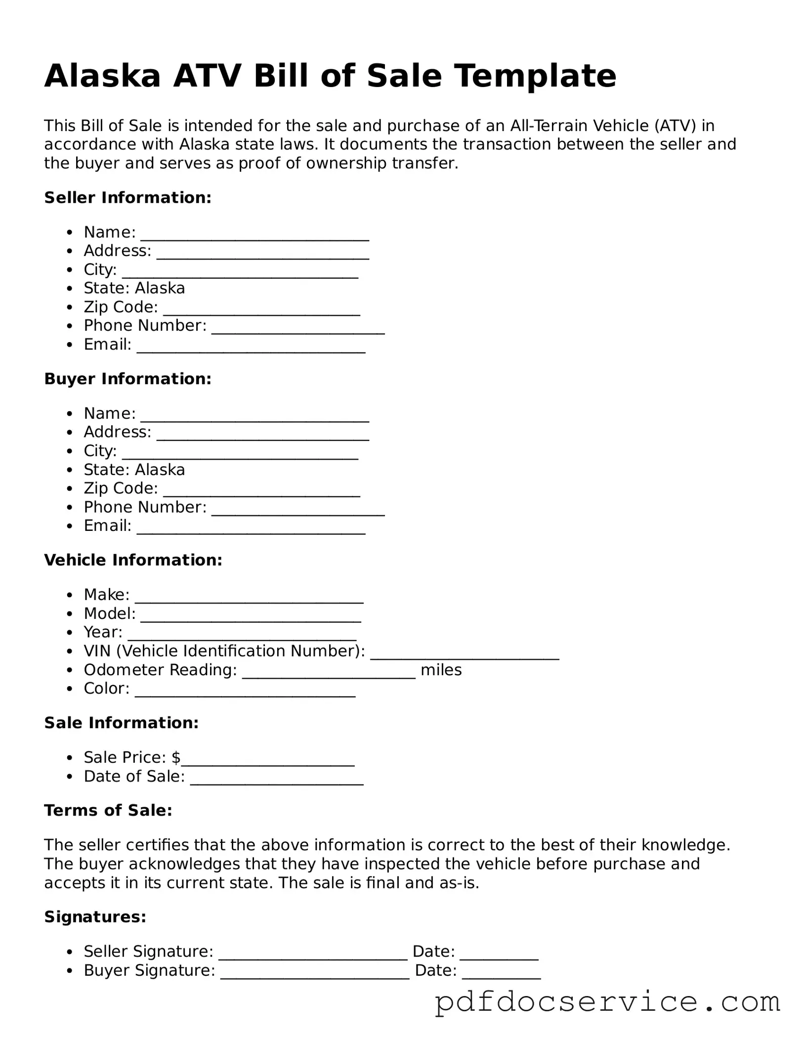 Printable  ATV Bill of Sale Template for Alaska