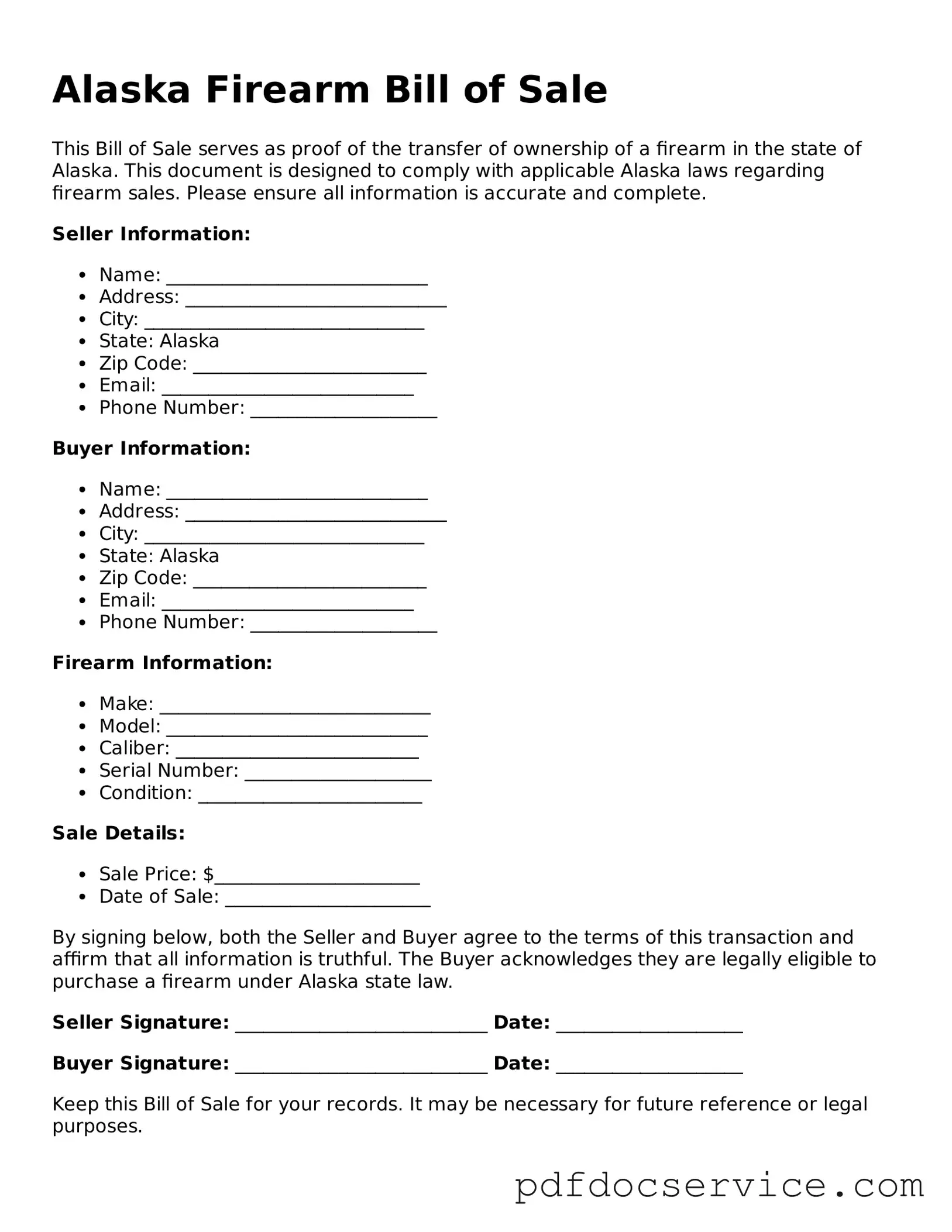 Printable  Firearm Bill of Sale Template for Alaska
