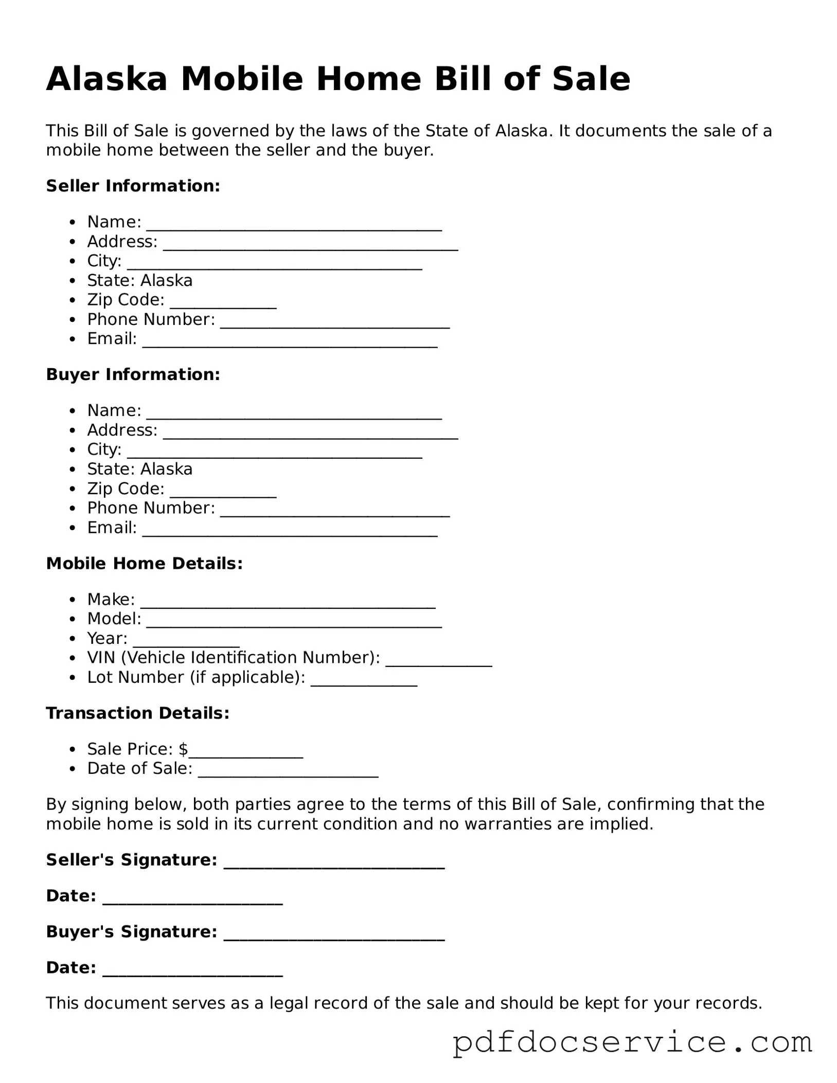 Printable  Mobile Home Bill of Sale Template for Alaska