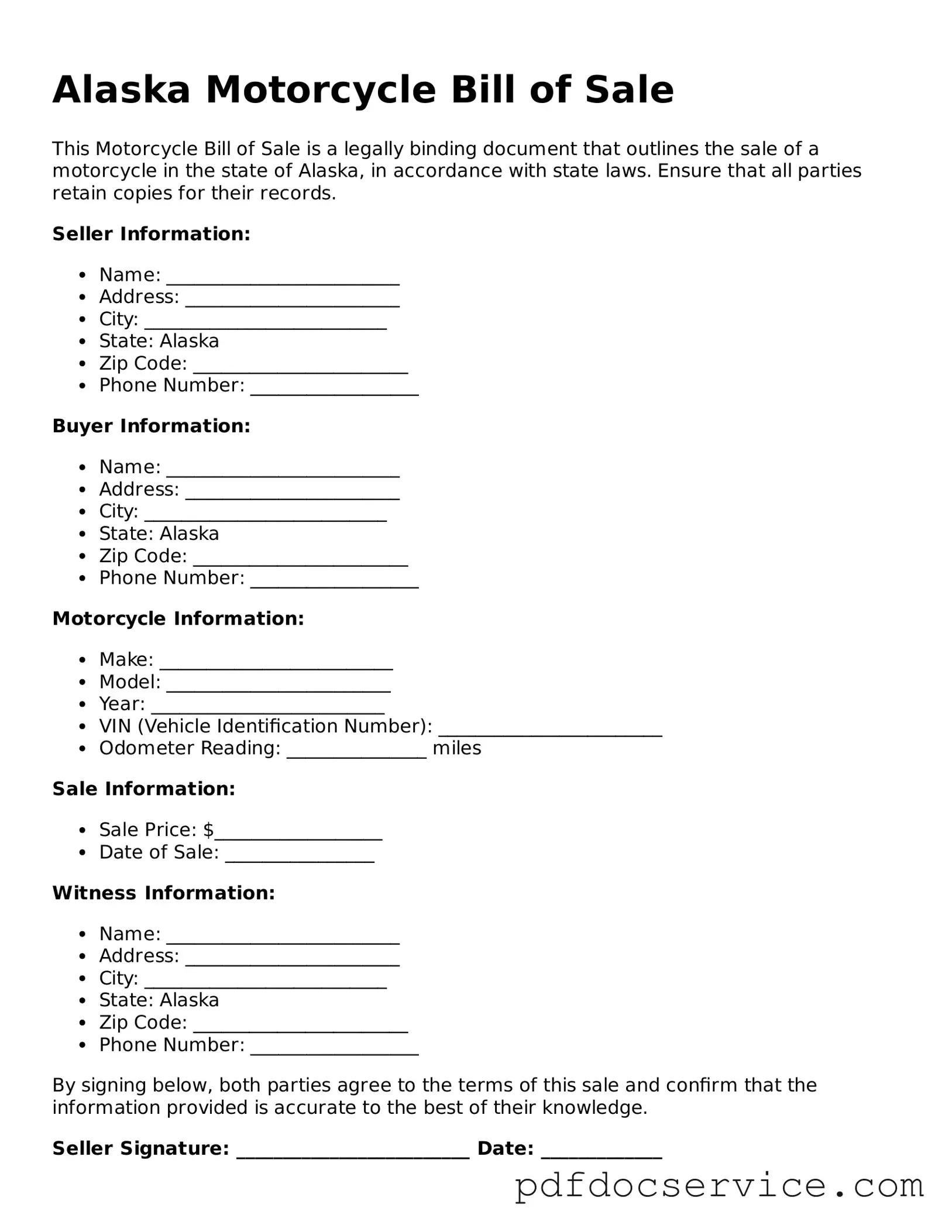 Printable  Motorcycle Bill of Sale Template for Alaska