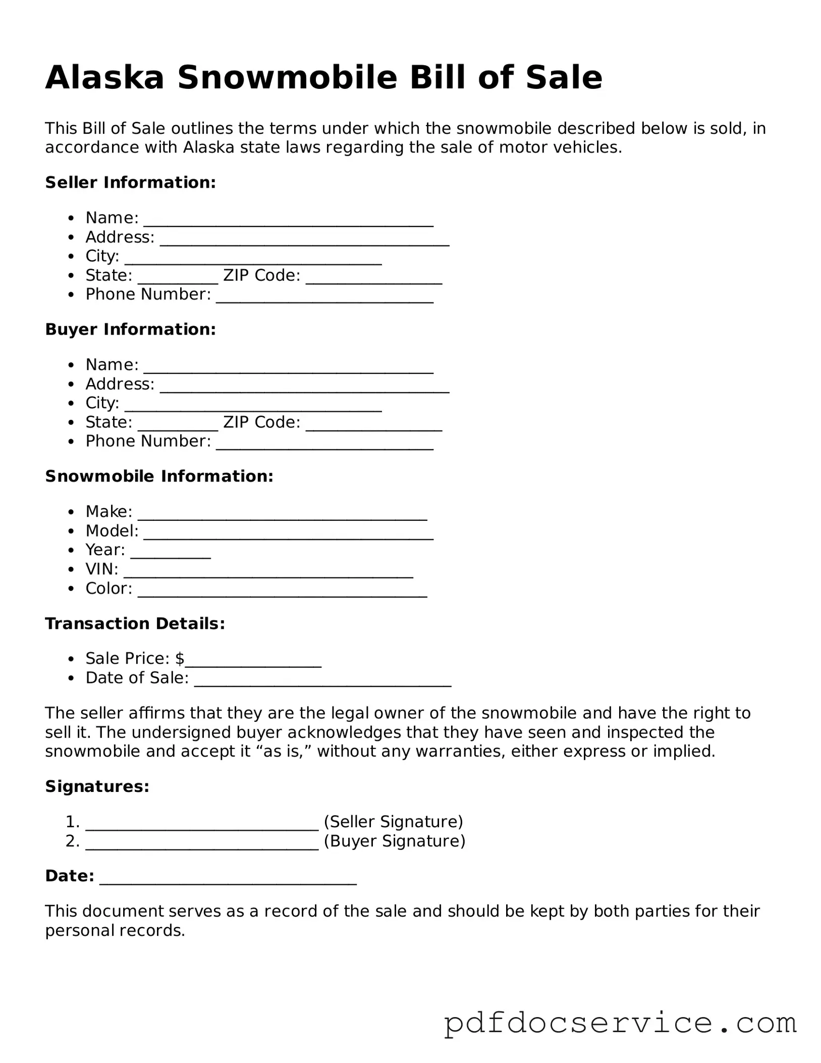 Printable  Snowmobile Bill of Sale Template for Alaska