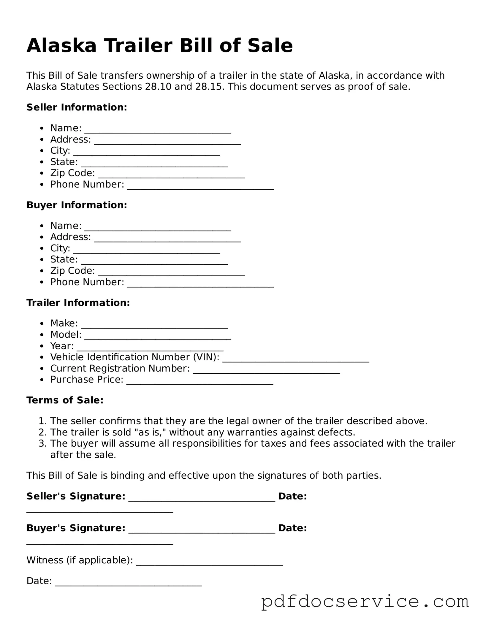 Printable  Trailer Bill of Sale Template for Alaska