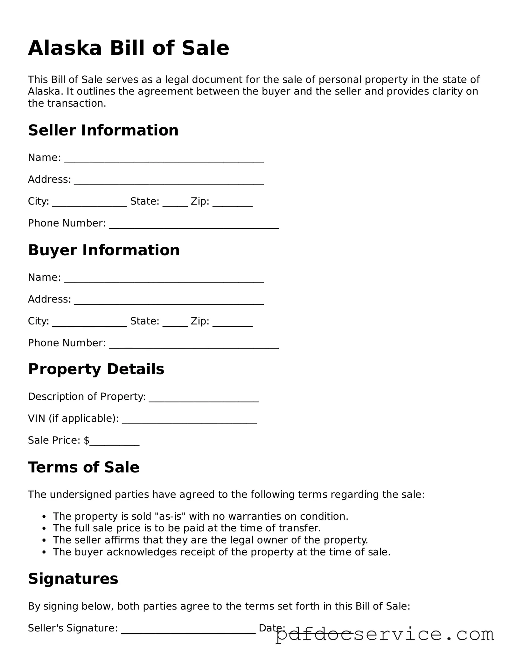 Printable  Bill of Sale Template for Alaska
