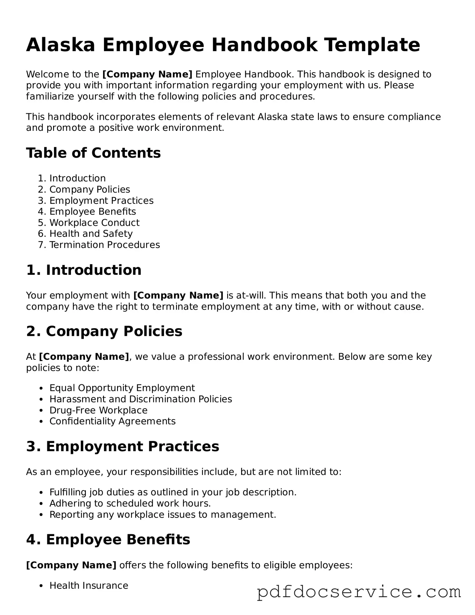 Printable  Employee Handbook Template for Alaska