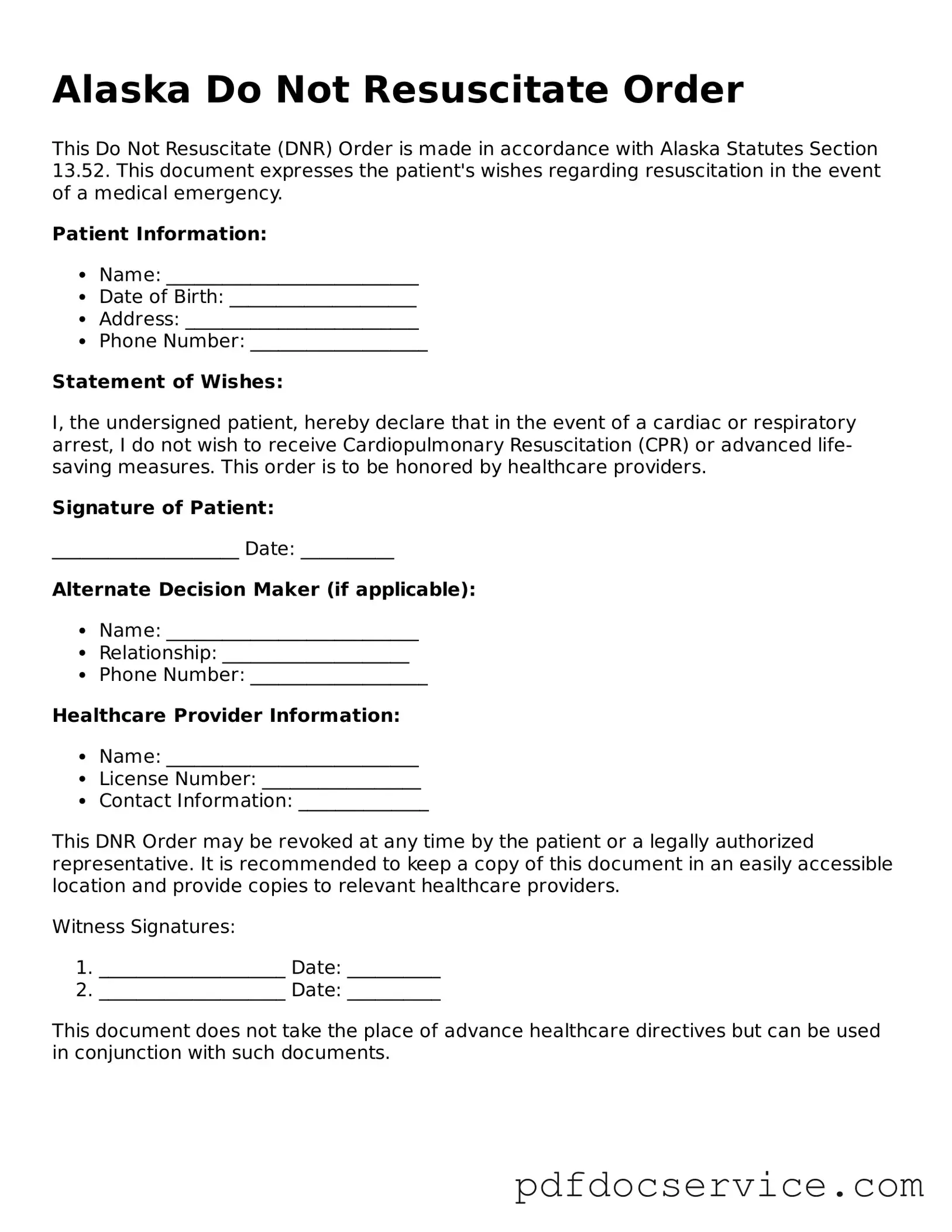 Printable  Do Not Resuscitate Order Template for Alaska