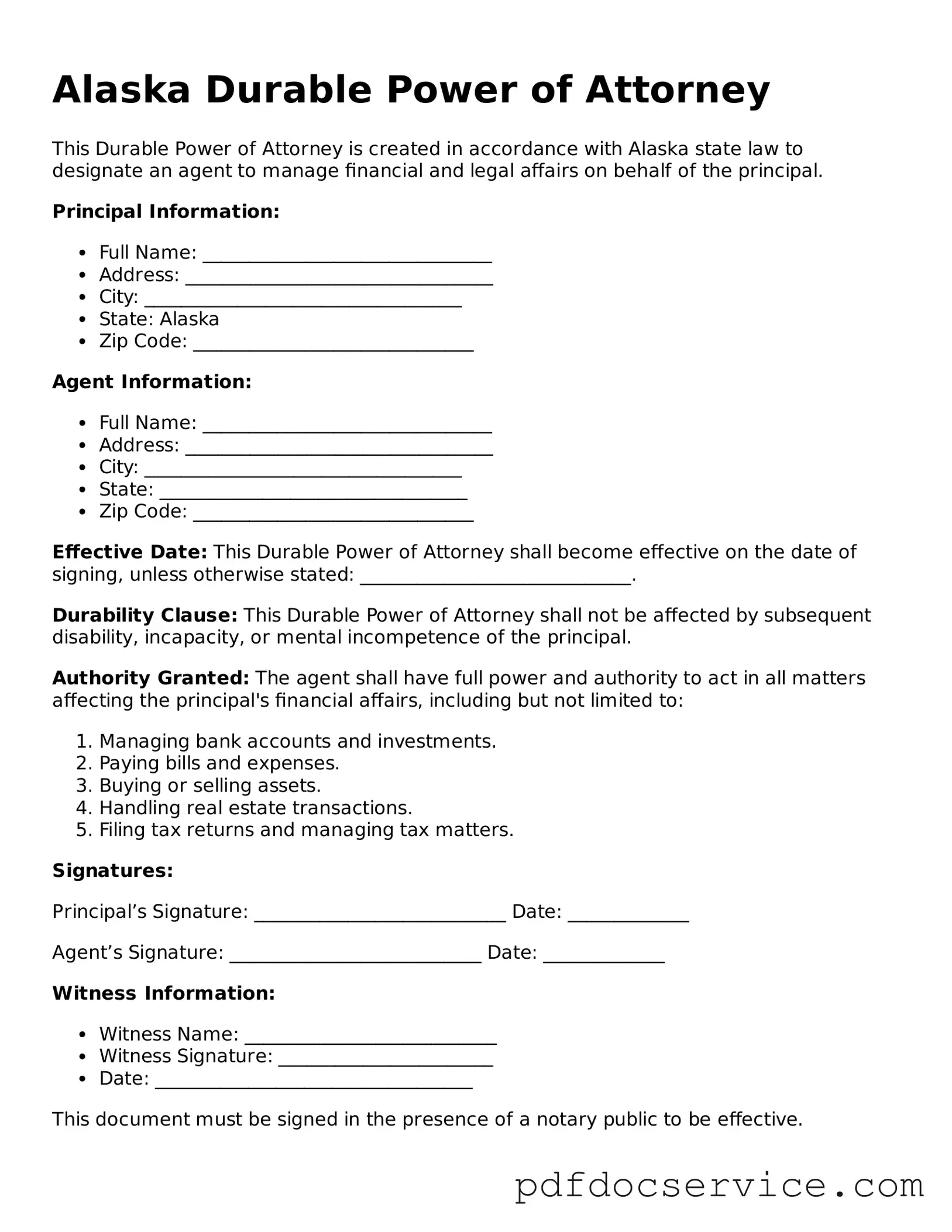 Printable  Durable Power of Attorney Template for Alaska