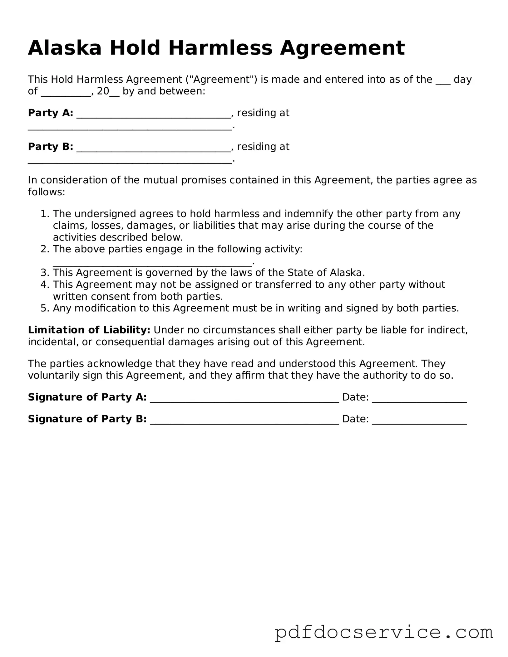Printable  Hold Harmless Agreement Template for Alaska
