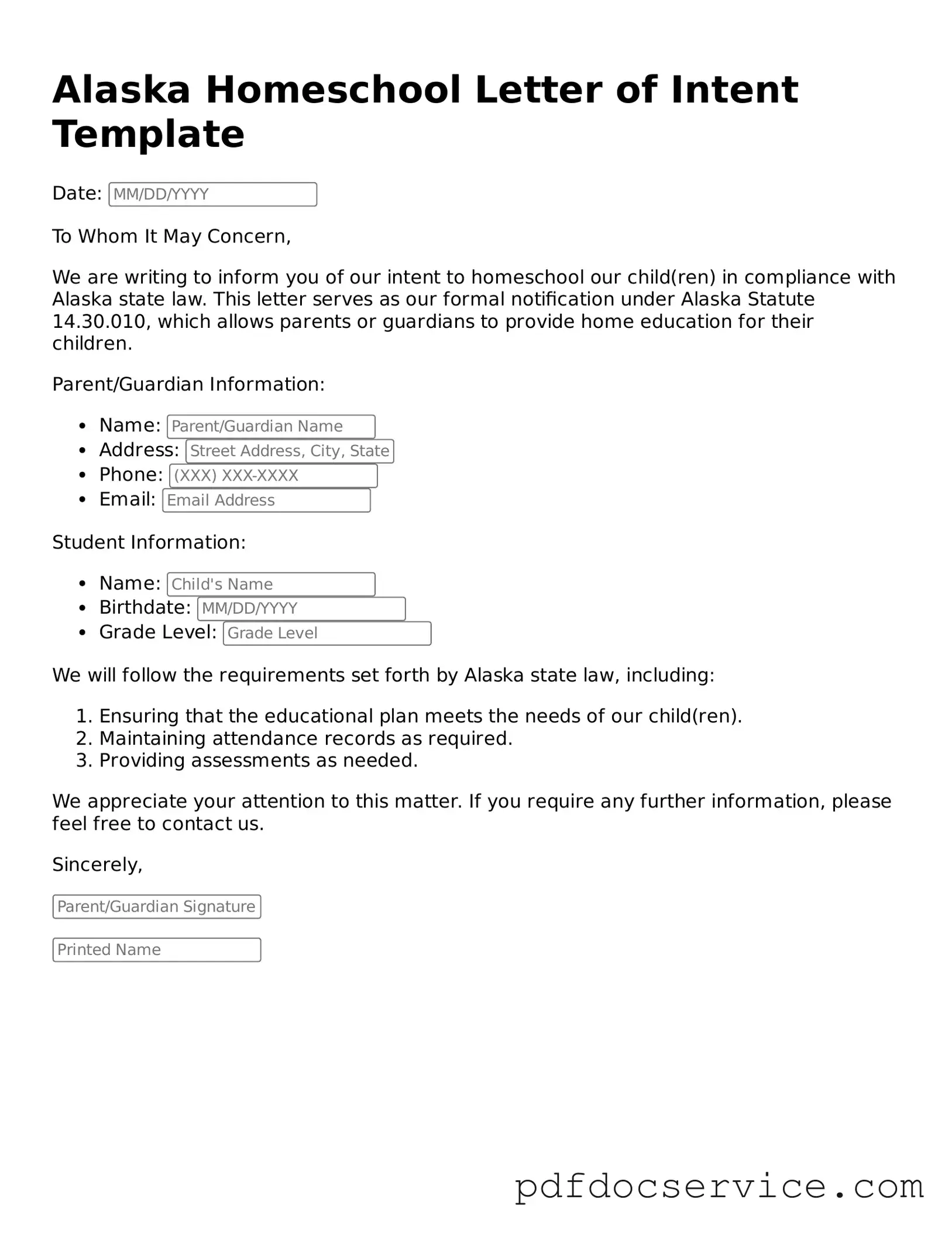 Printable  Homeschool Letter of Intent Template for Alaska