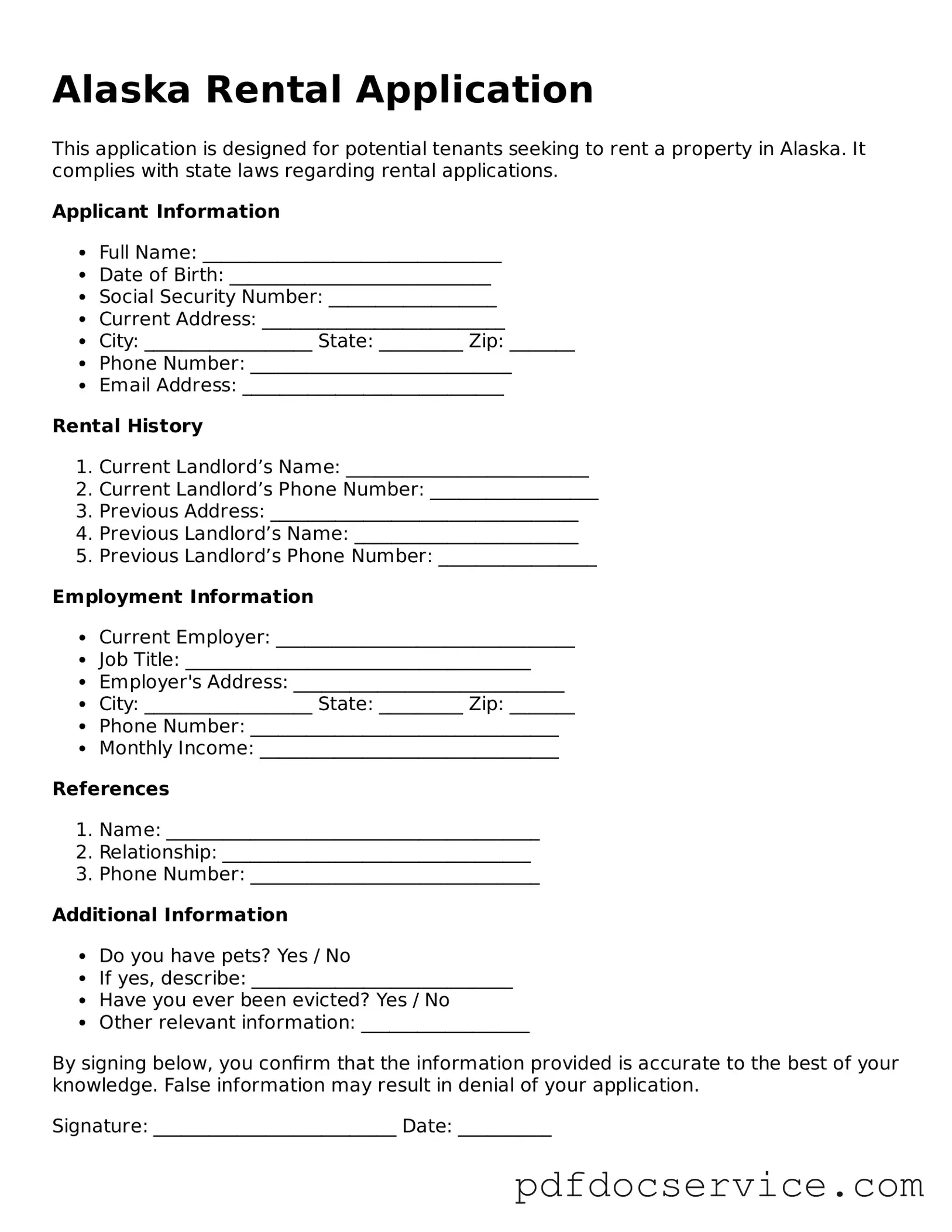 Printable  Rental Application Template for Alaska