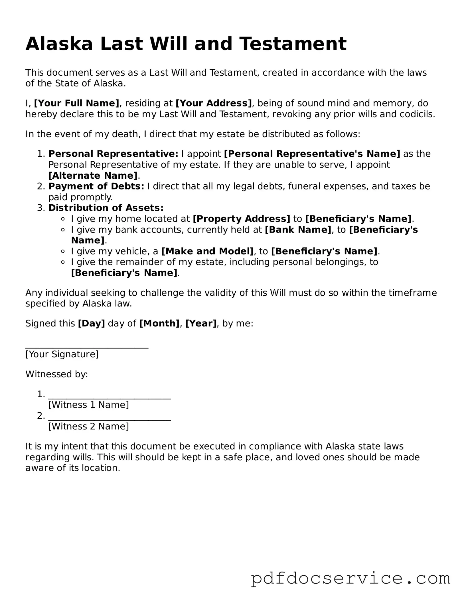 Printable  Last Will and Testament Template for Alaska