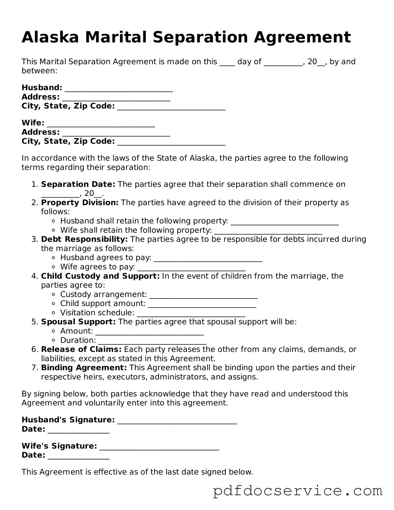 Printable  Marital Separation Agreement Template for Alaska