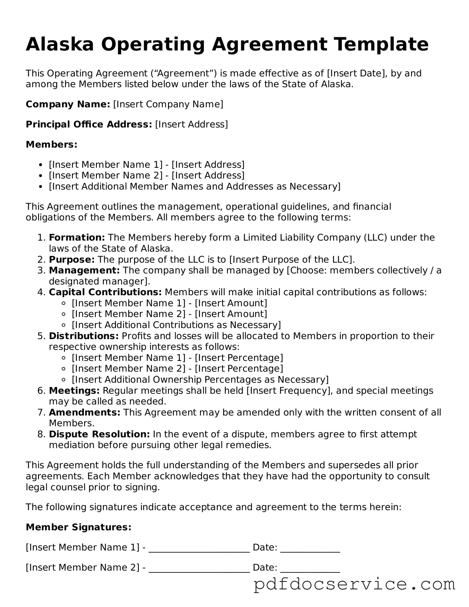 Printable  Operating Agreement Template for Alaska