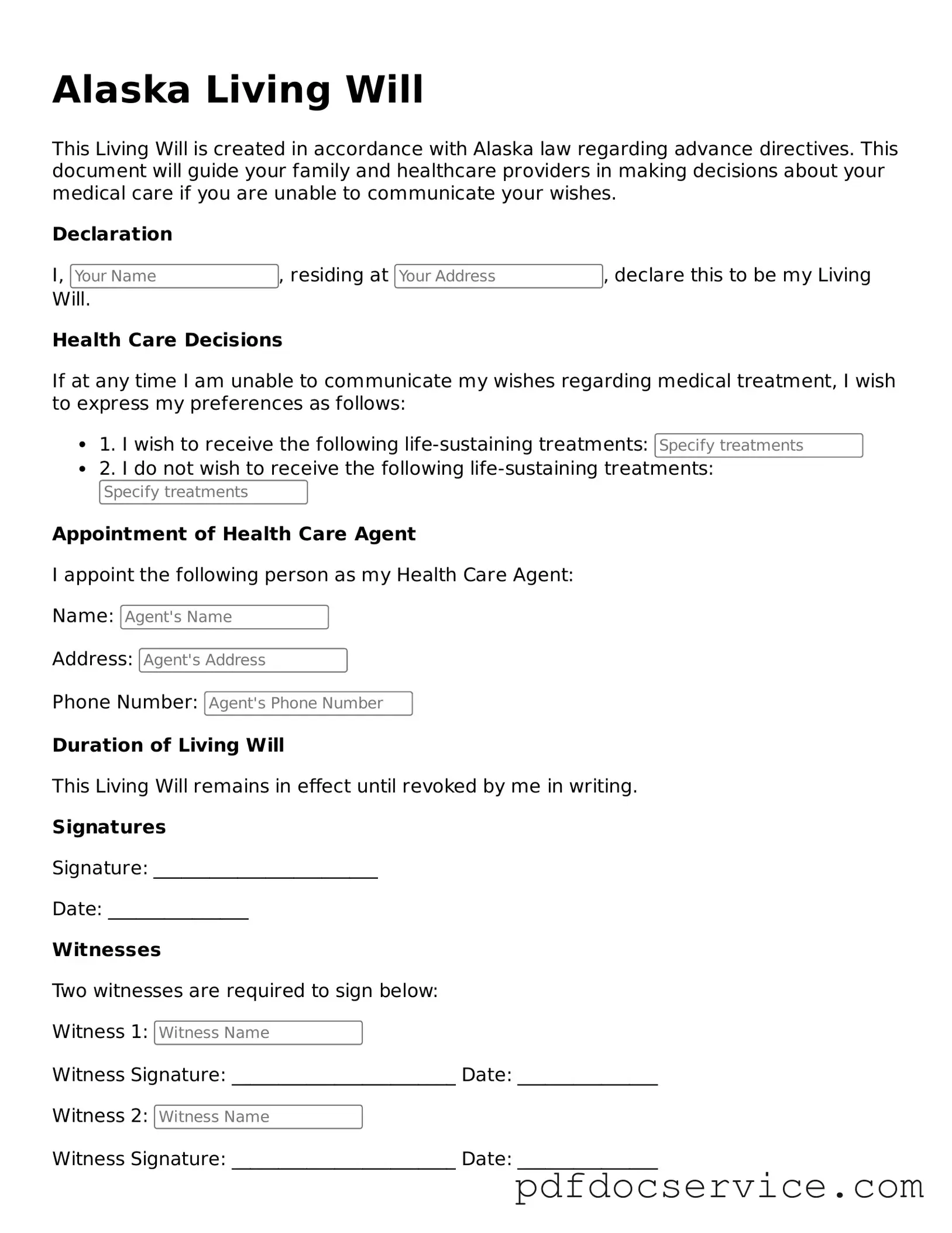 Printable  Living Will Template for Alaska