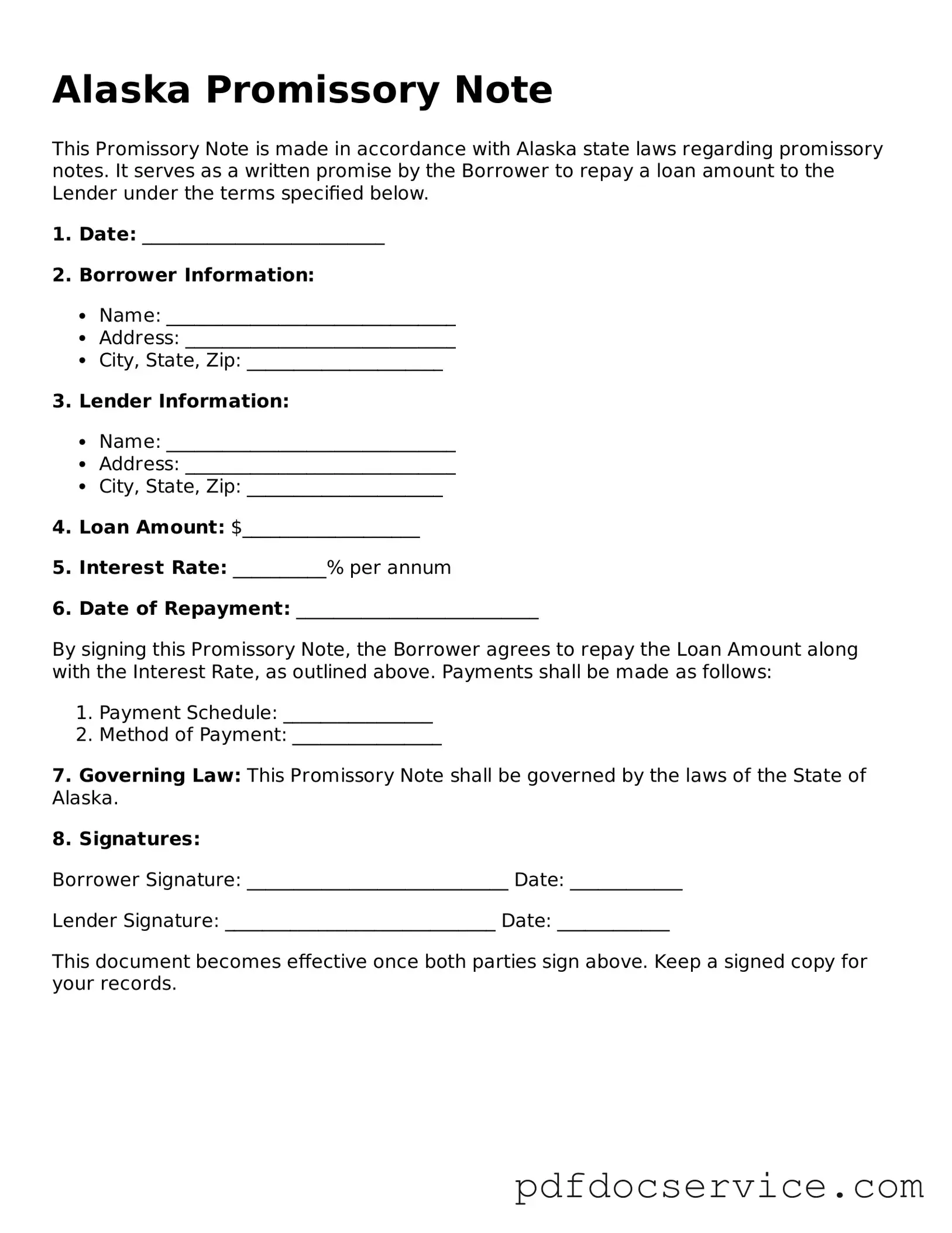 Printable  Promissory Note Template for Alaska