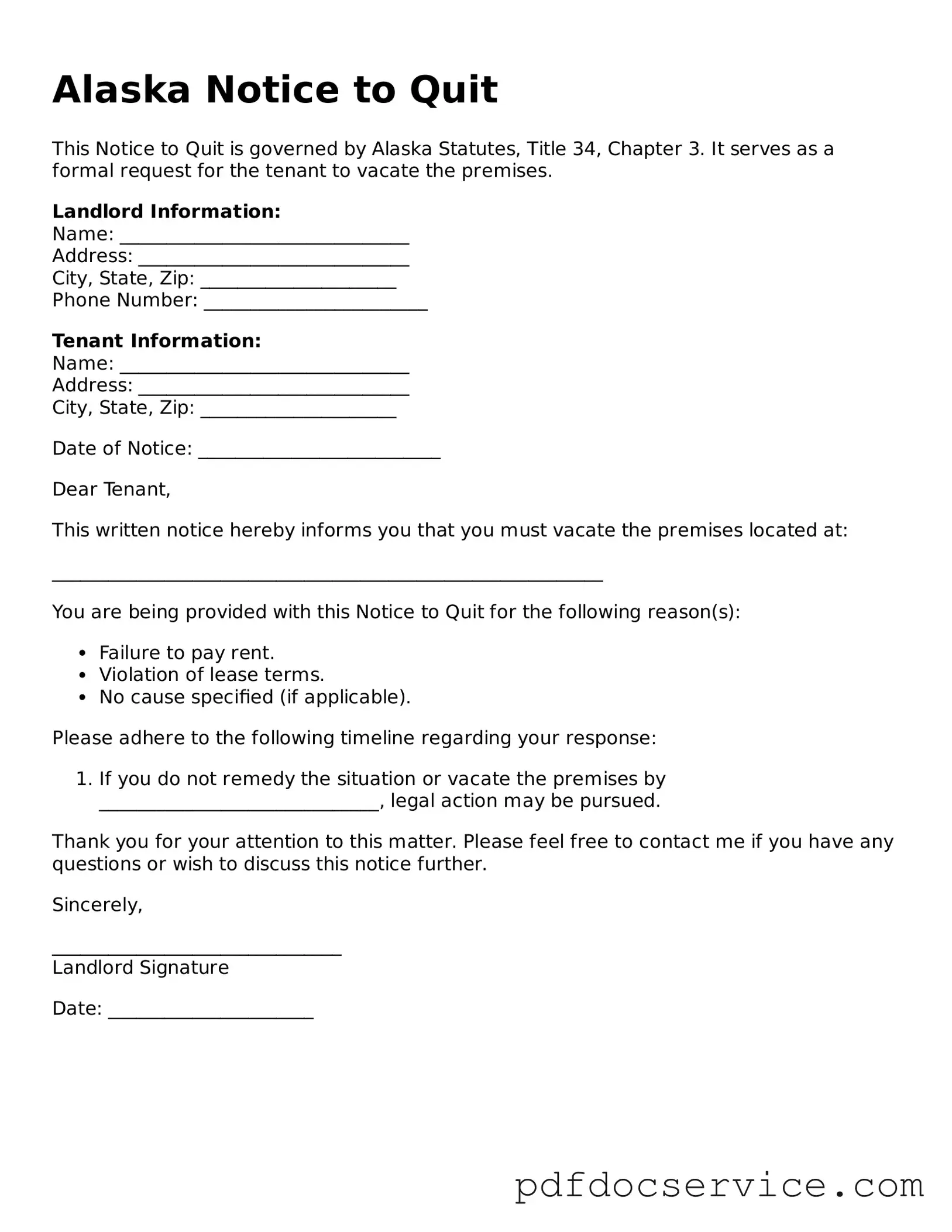 Printable  Notice to Quit Template for Alaska