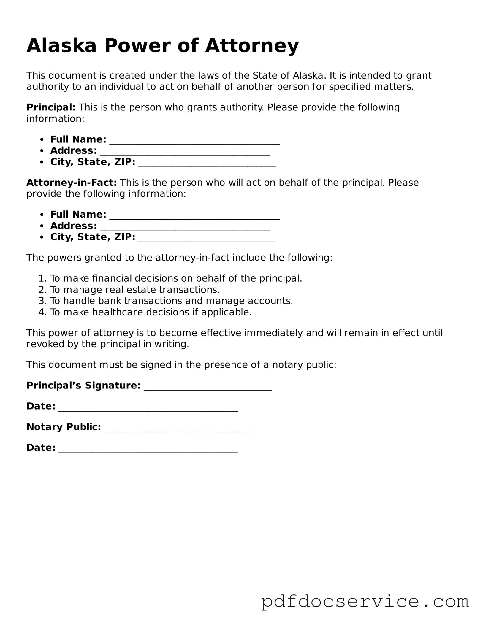 Printable  Power of Attorney Template for Alaska