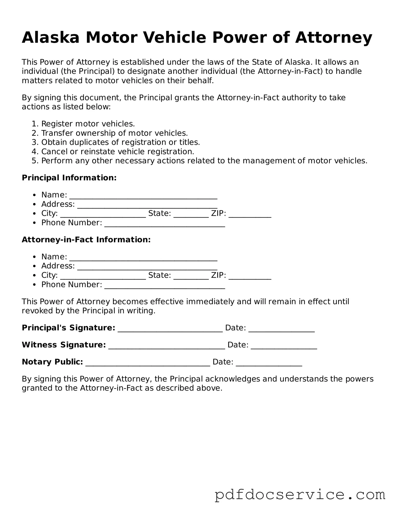 Printable  Motor Vehicle Power of Attorney Template for Alaska