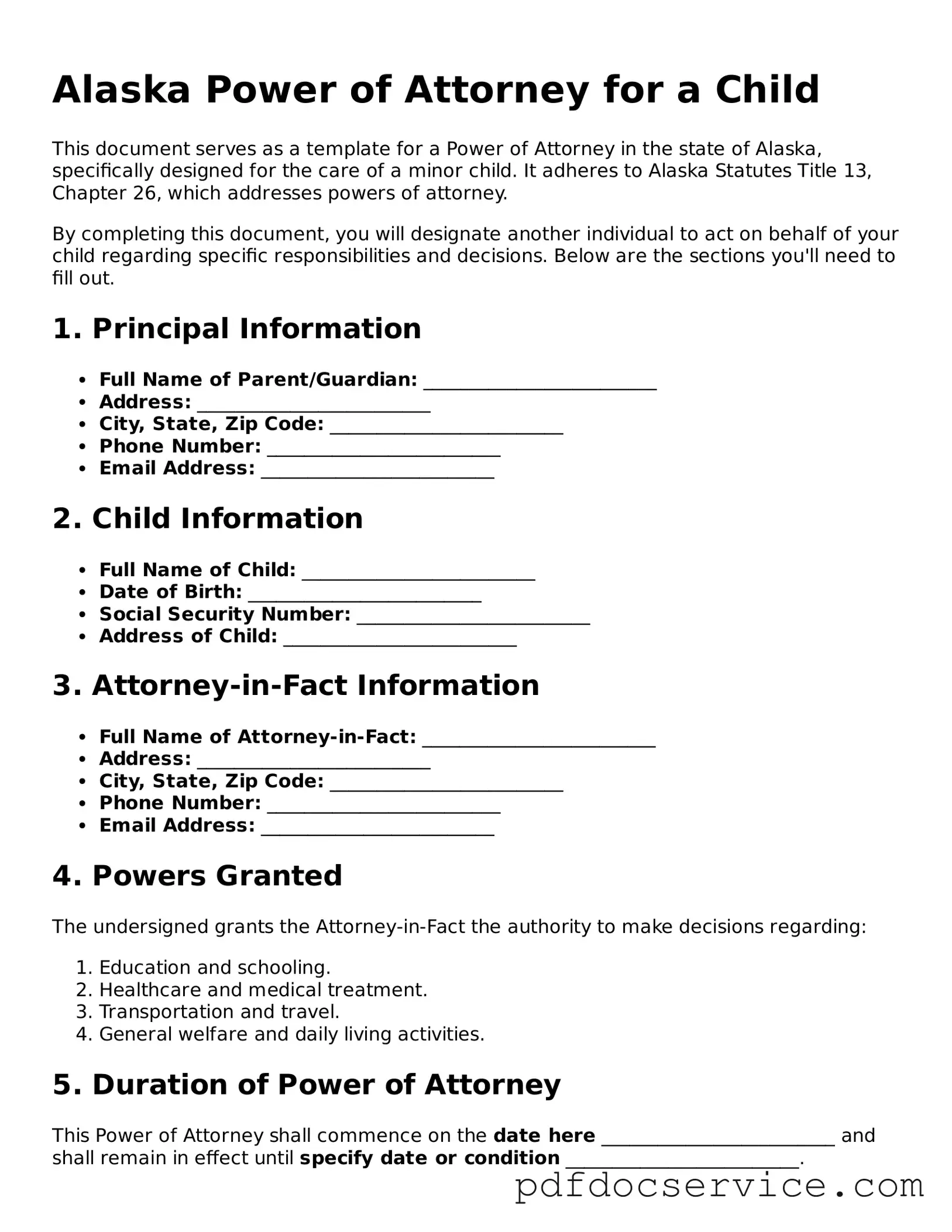 Printable  Power of Attorney for a Child Template for Alaska