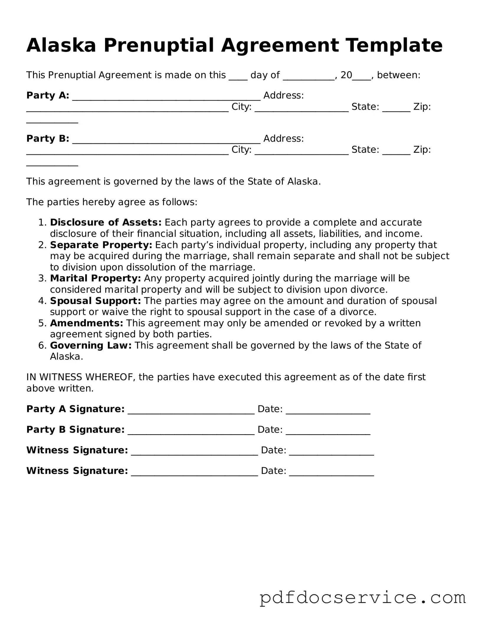 Printable  Prenuptial Agreement Template for Alaska
