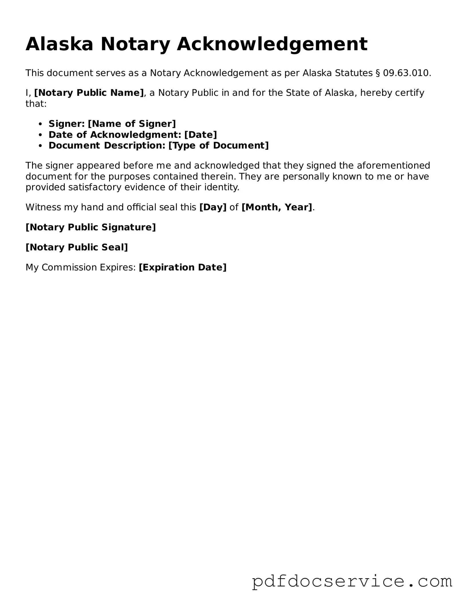 Printable  Notary Acknowledgement Template for Alaska