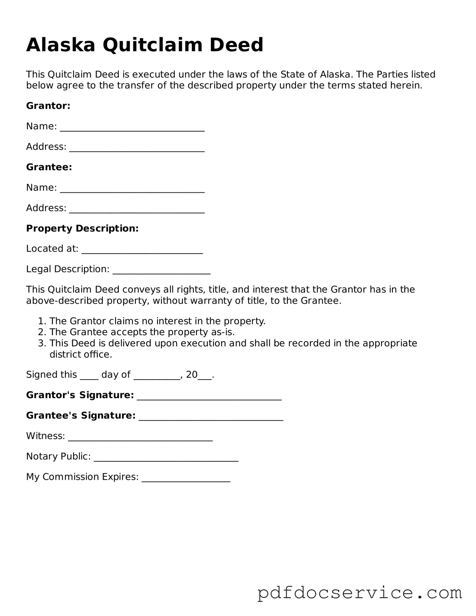 Printable  Quitclaim Deed Template for Alaska