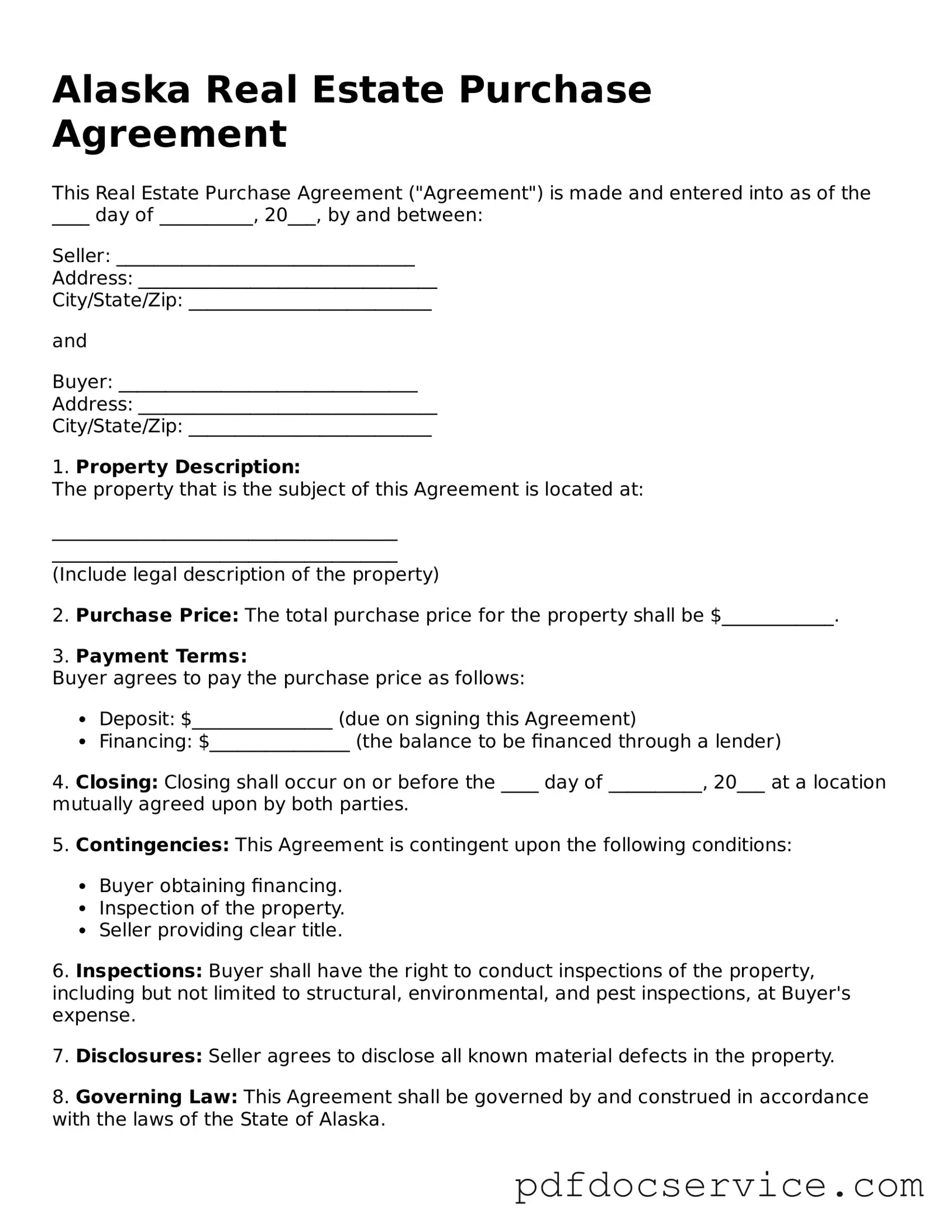 Printable  Real Estate Purchase Agreement Template for Alaska