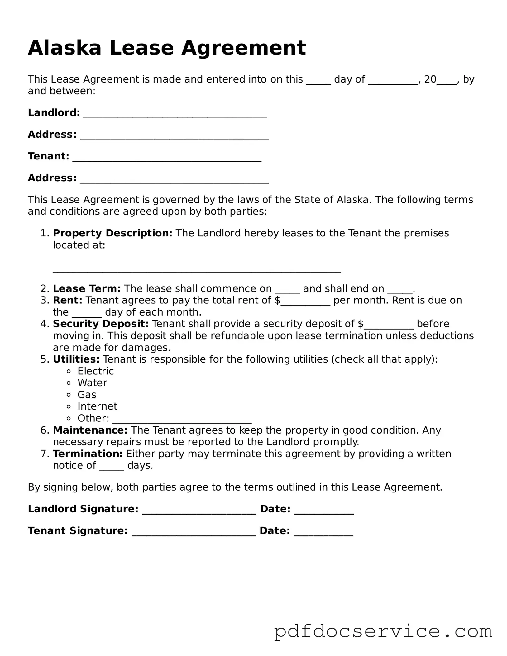 Printable  Lease Agreement Template for Alaska