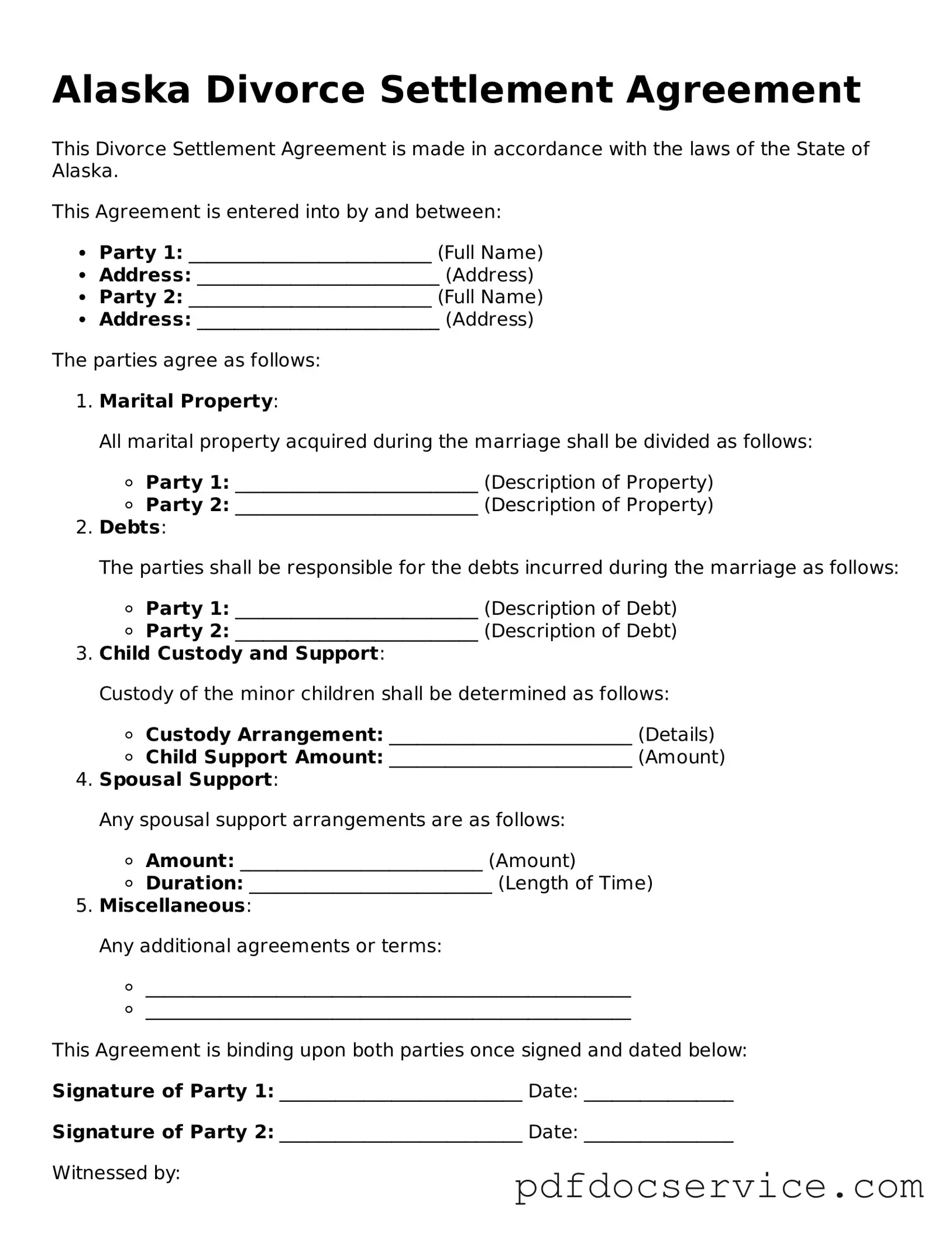 Printable  Divorce Settlement Agreement Template for Alaska
