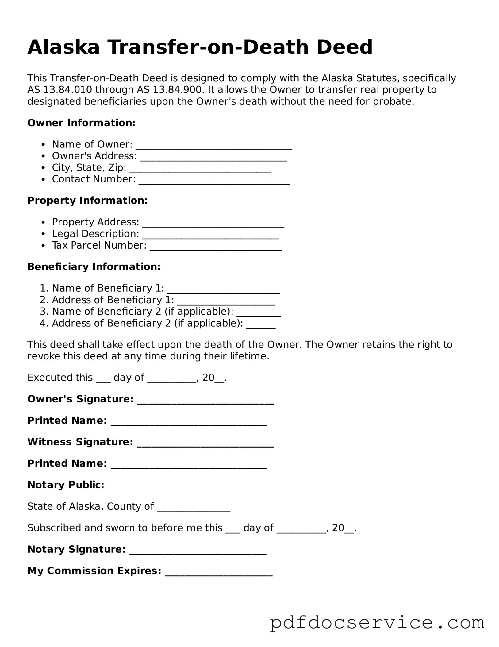 Printable  Transfer-on-Death Deed Template for Alaska