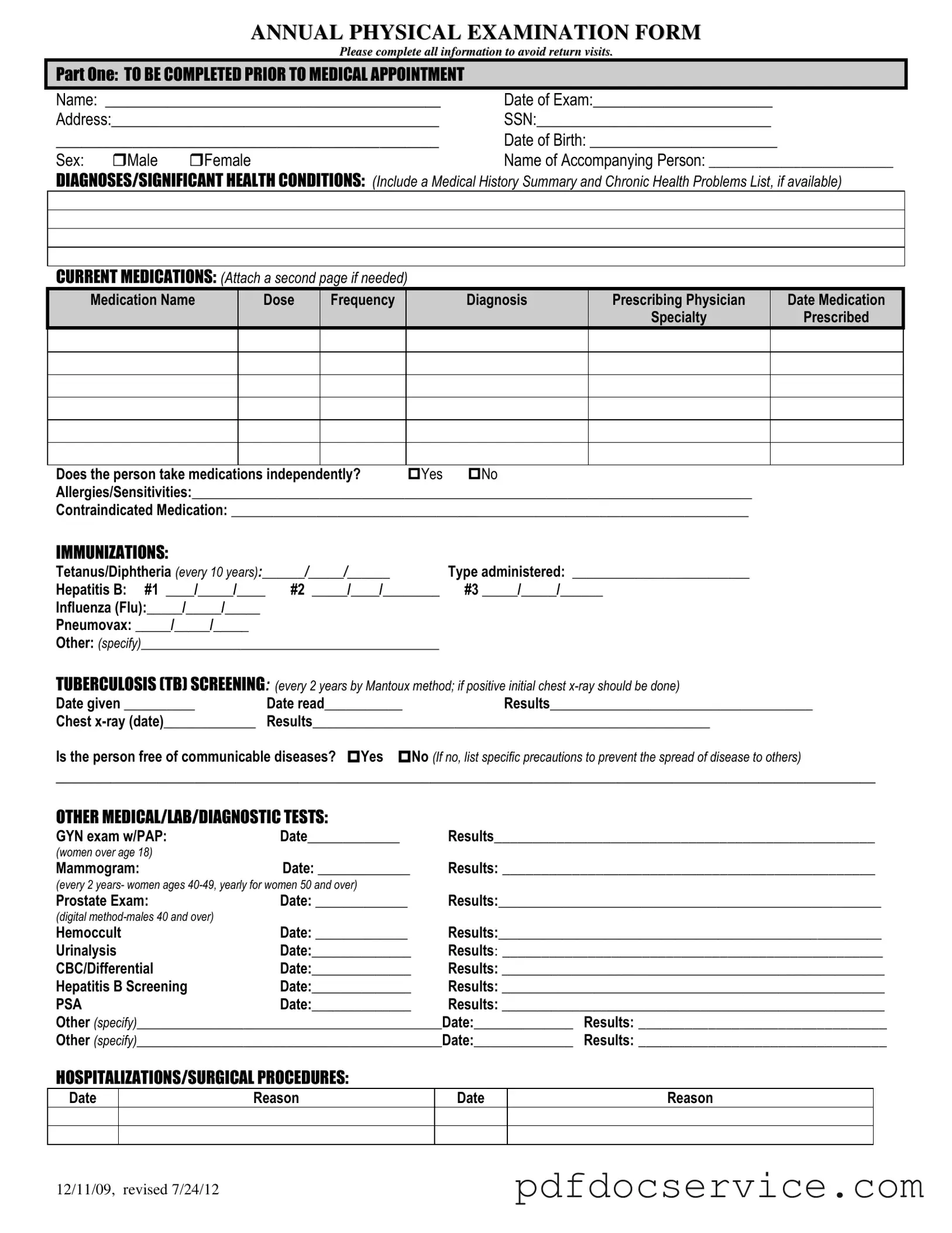 Fill Your Annual Physical Examination Form