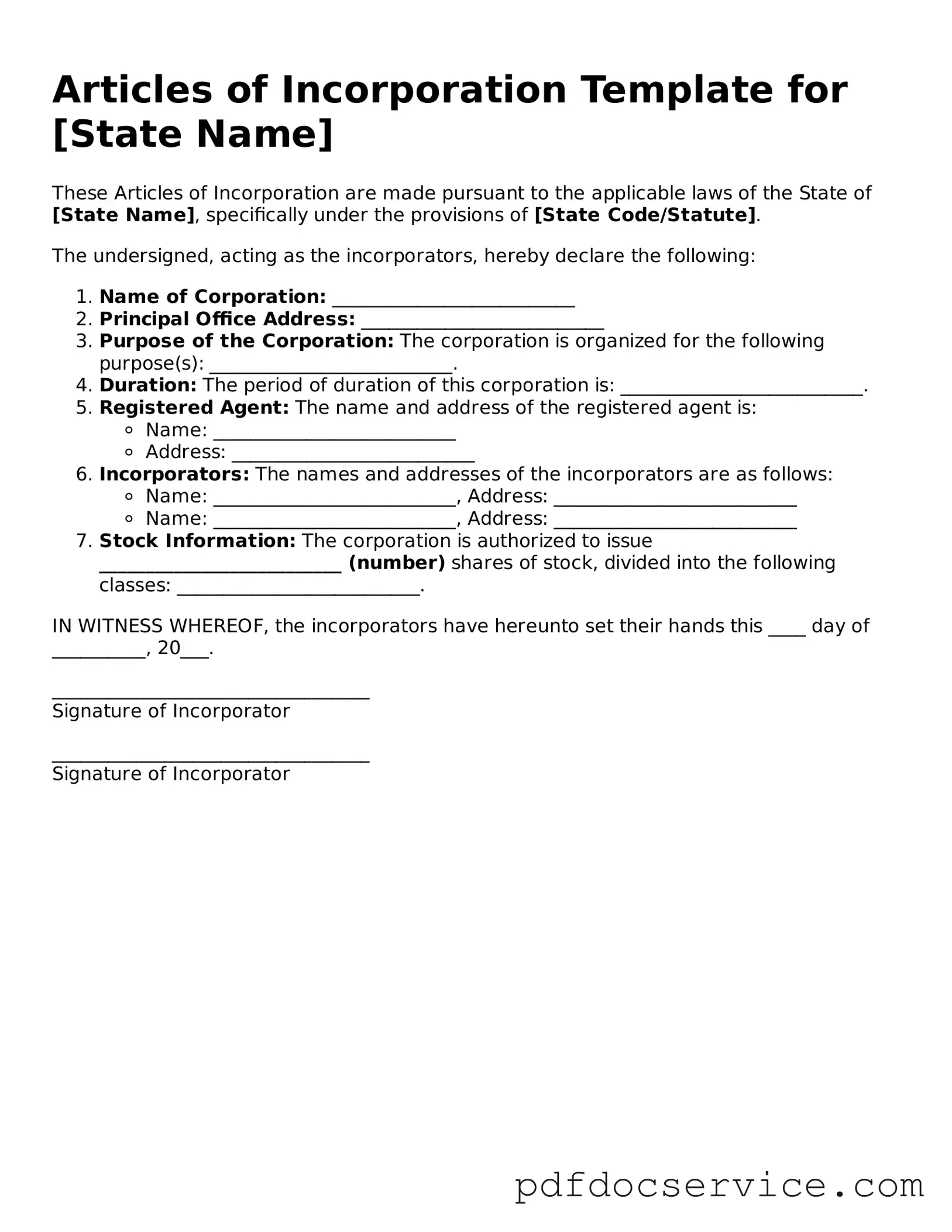 Blank Articles of Incorporation Form