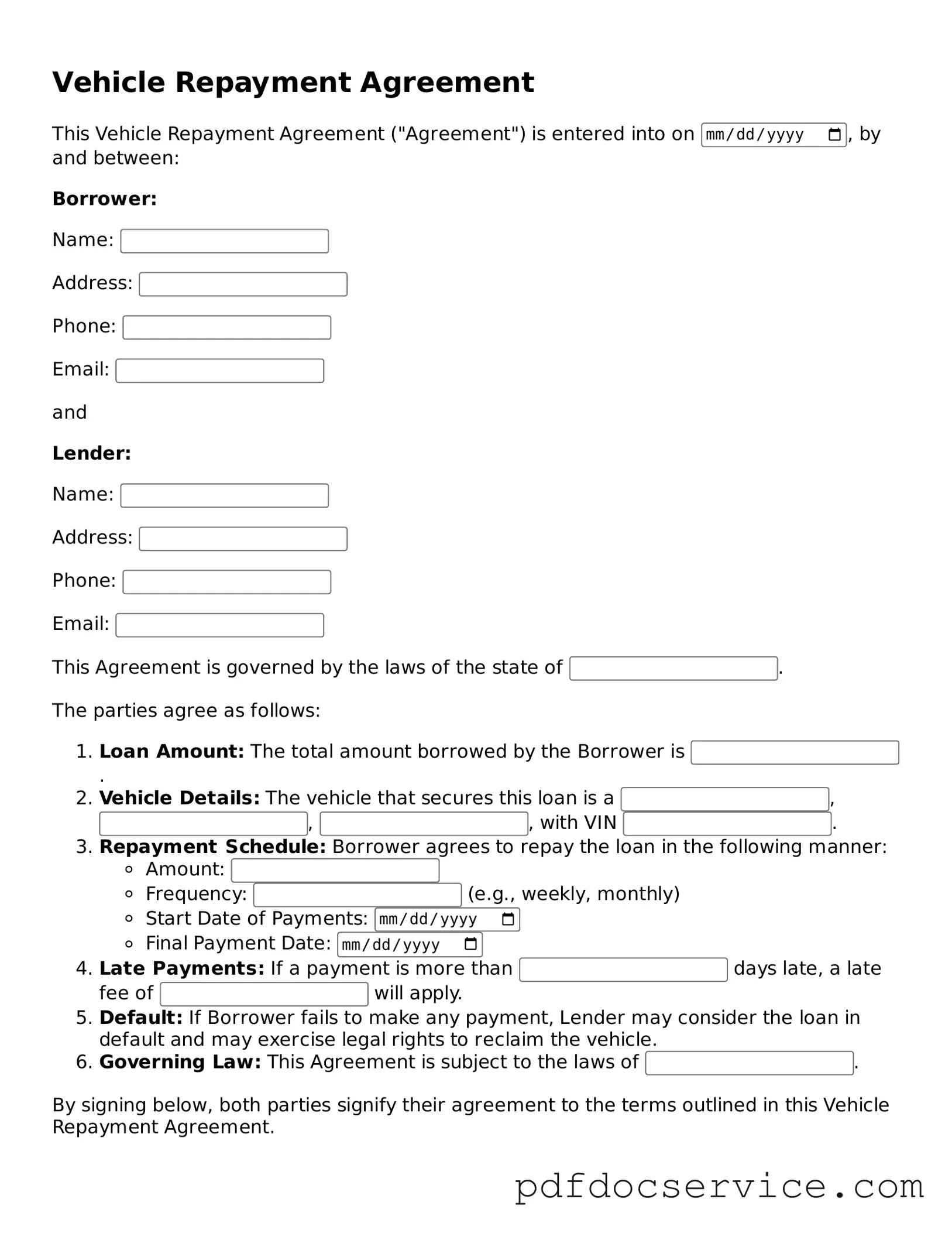 Blank Vehicle Repayment Agreement Form