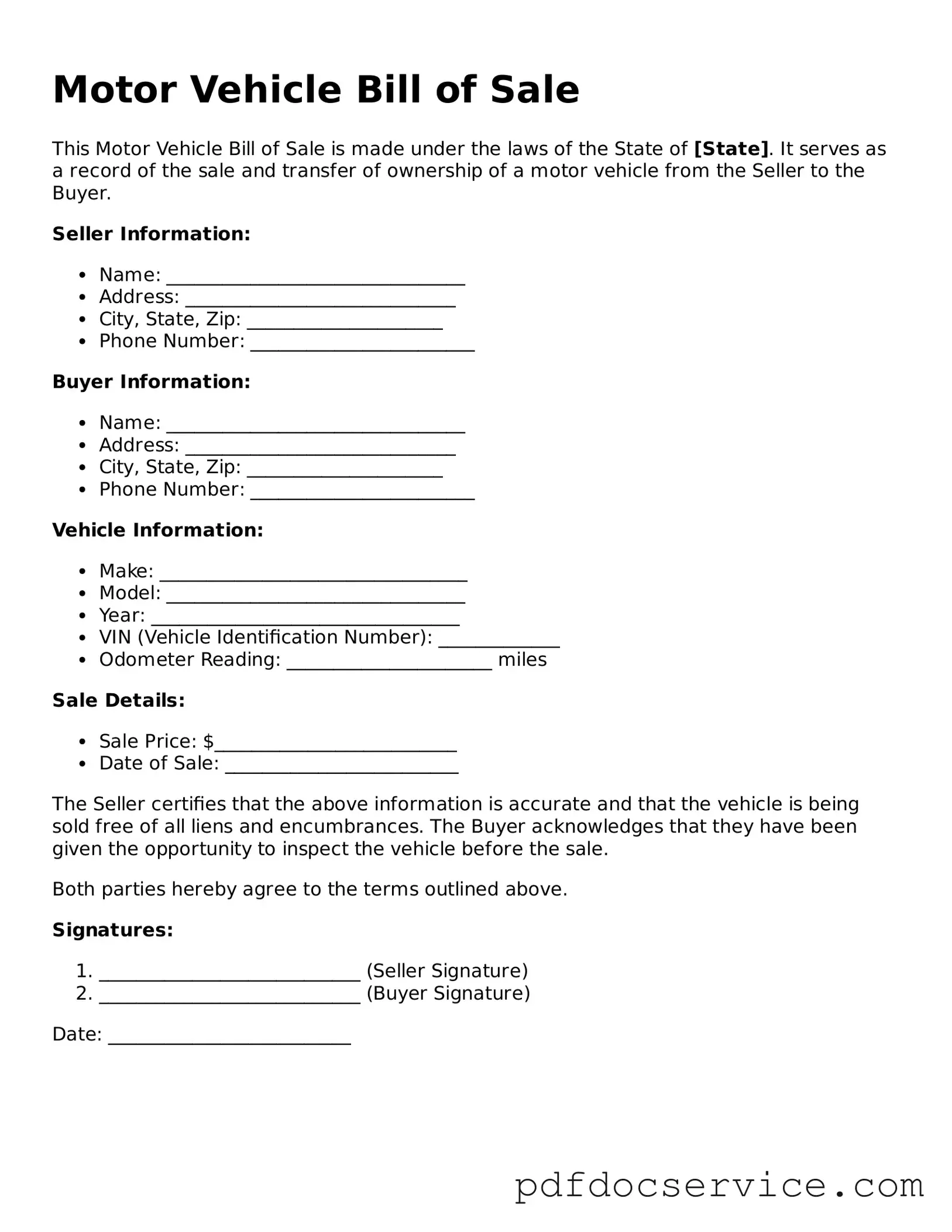 Blank Motor Vehicle Bill of Sale Form