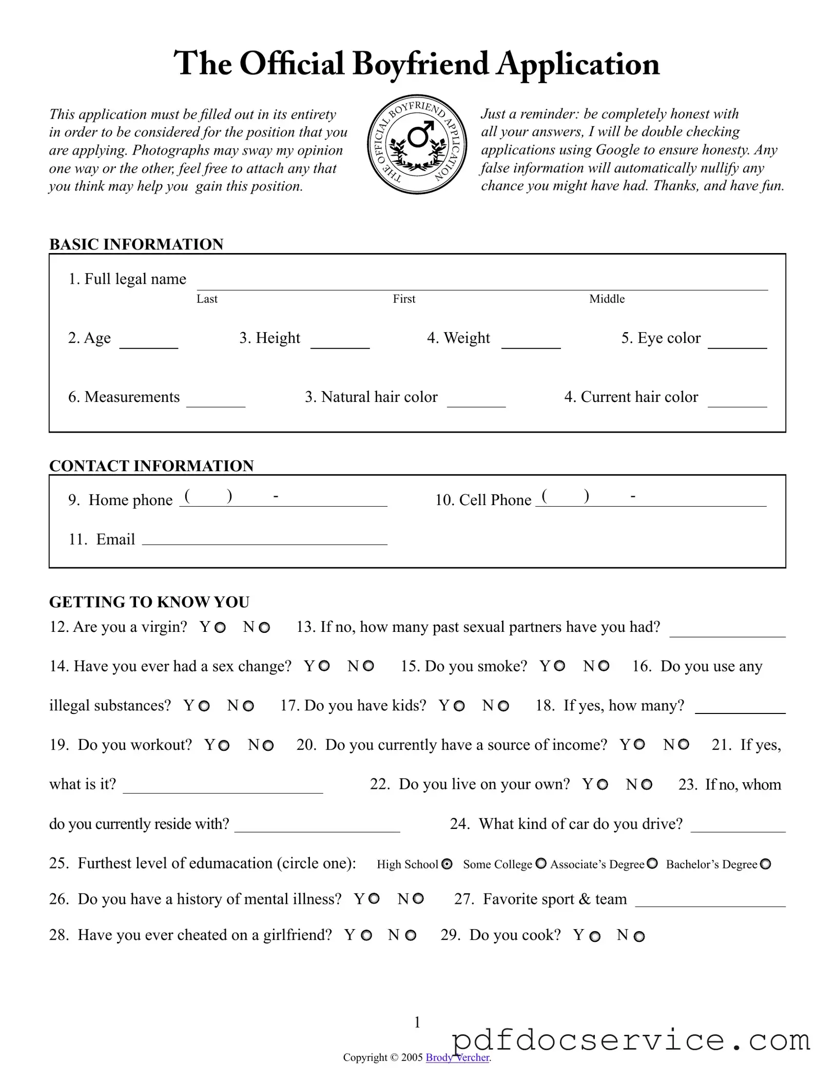 Fill Your Boyfriend application form Form