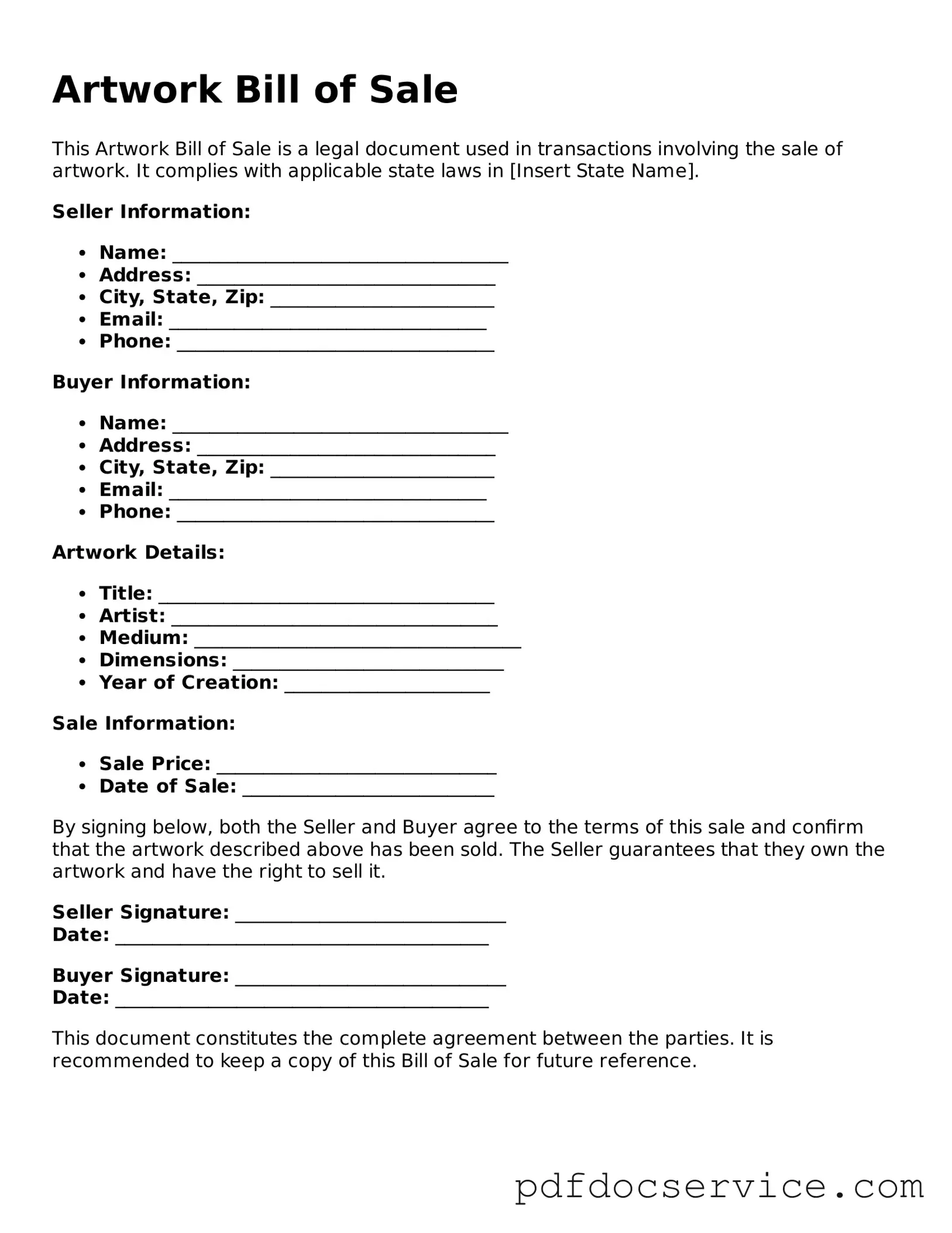 Blank Artwork Bill of Sale Form