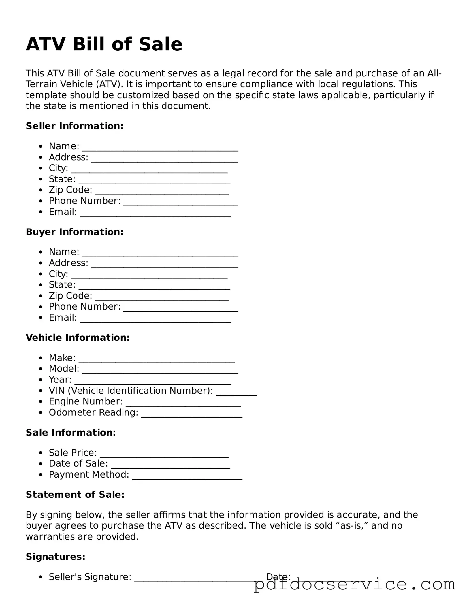 Blank ATV Bill of Sale Form