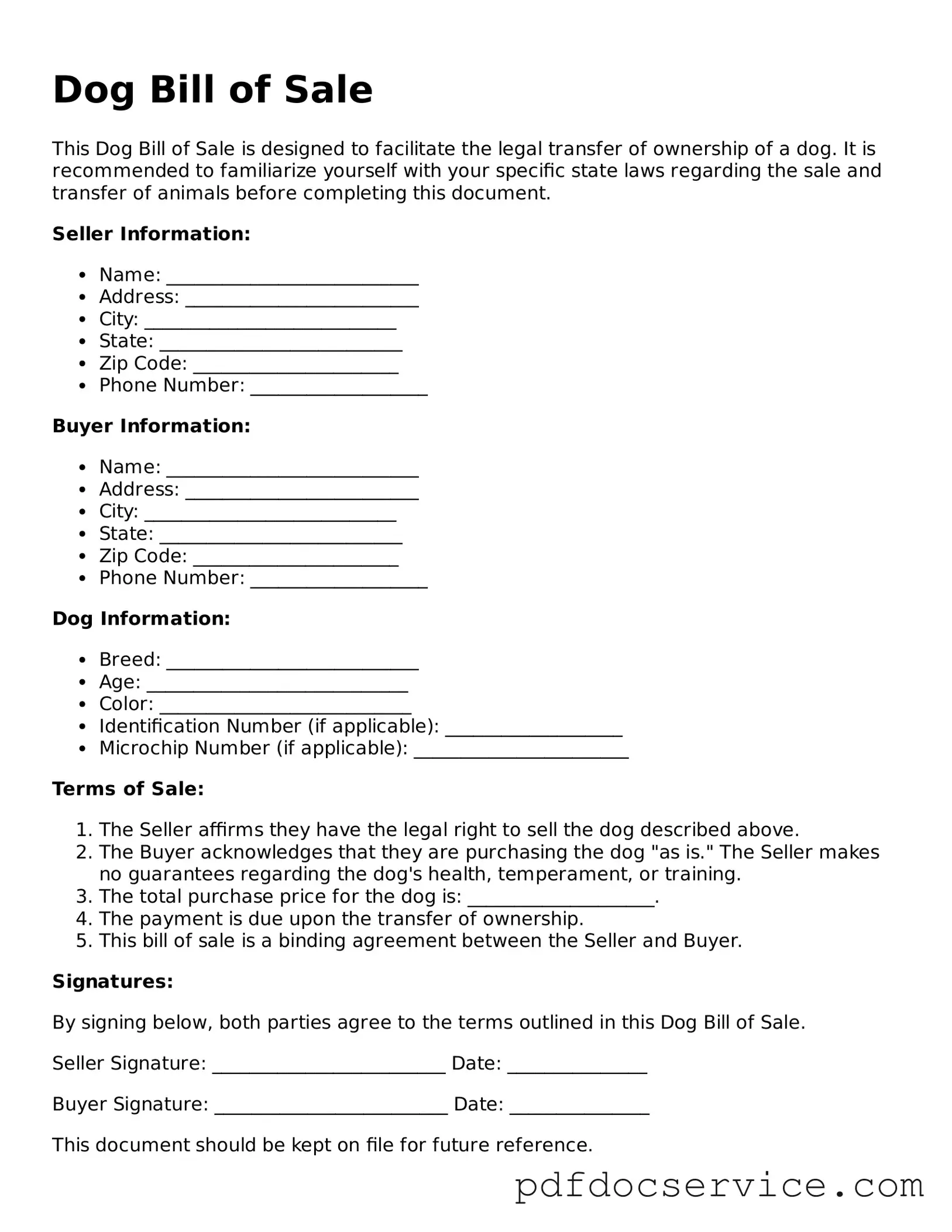 Blank Dog Bill of Sale Form