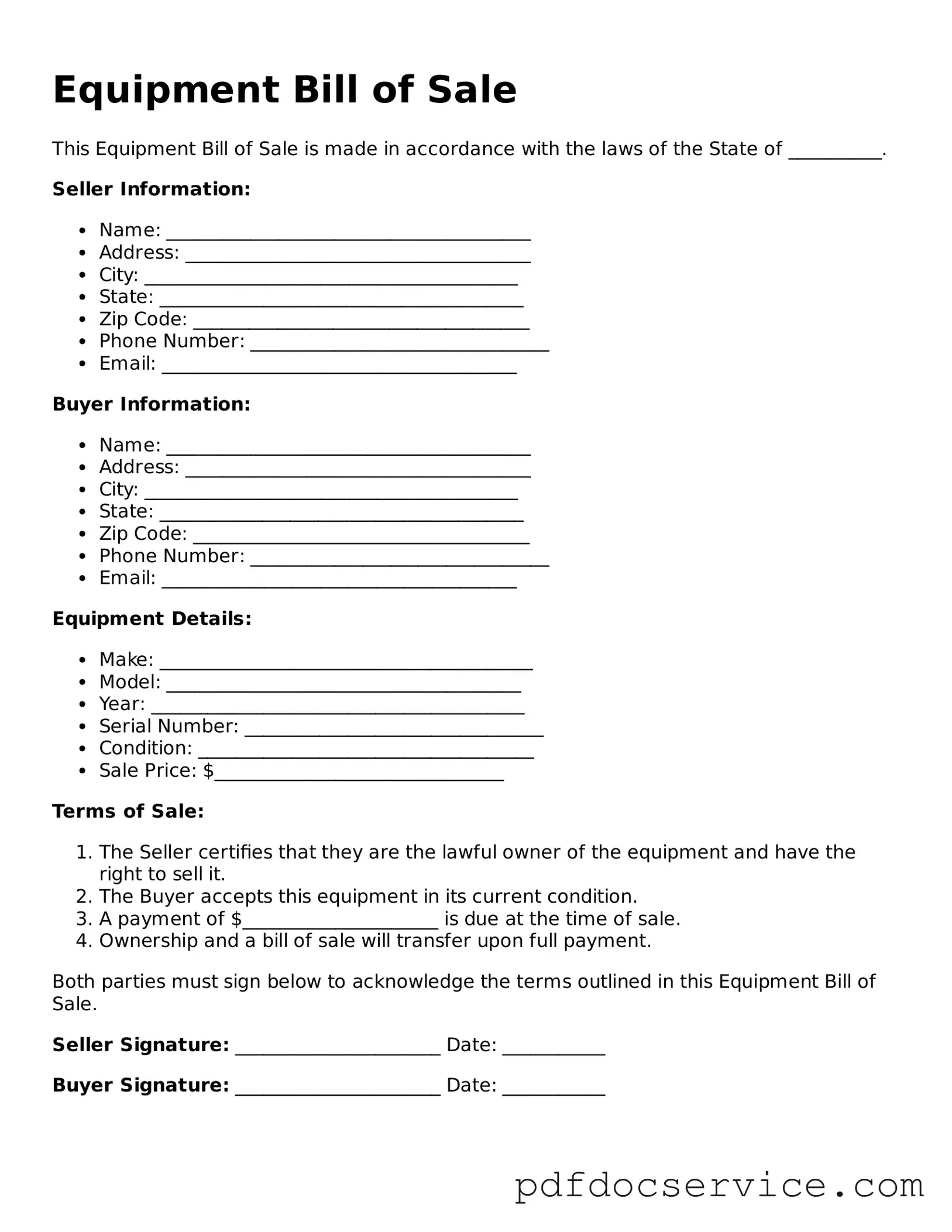 Blank Equipment Bill of Sale Form