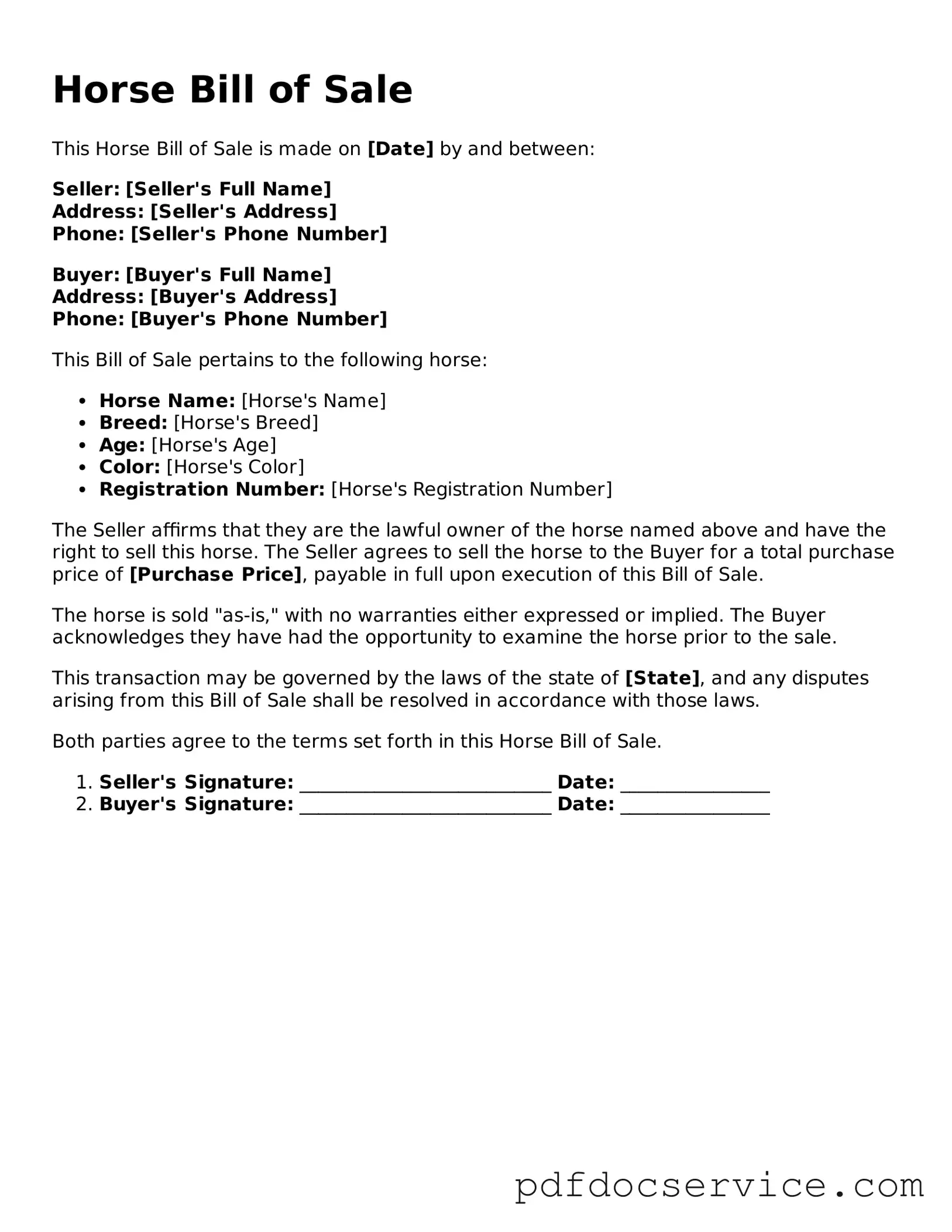 Blank Horse Bill of Sale Form