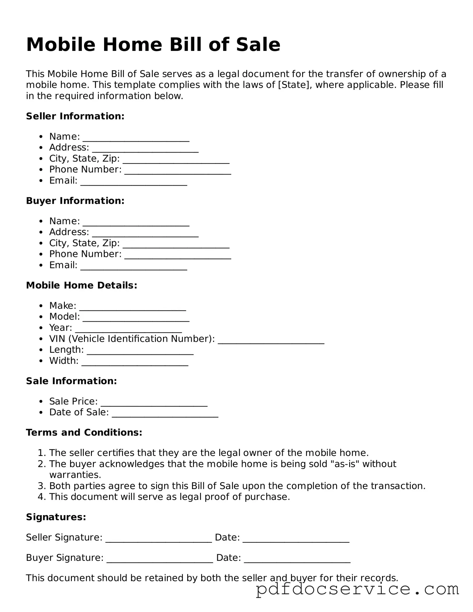 Blank Mobile Home Bill of Sale Form