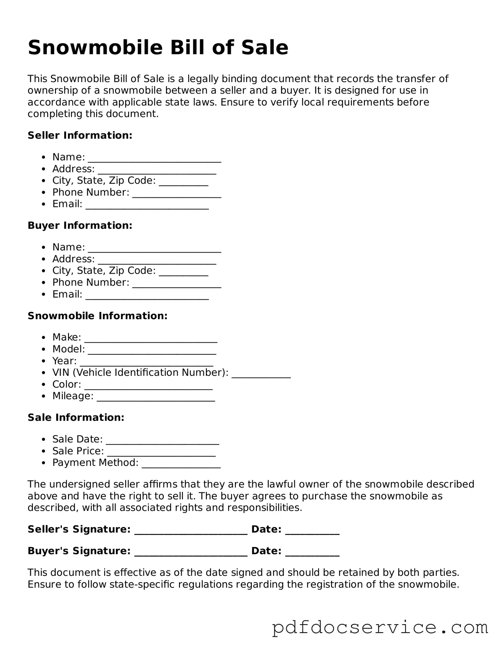 Blank Snowmobile Bill of Sale Form