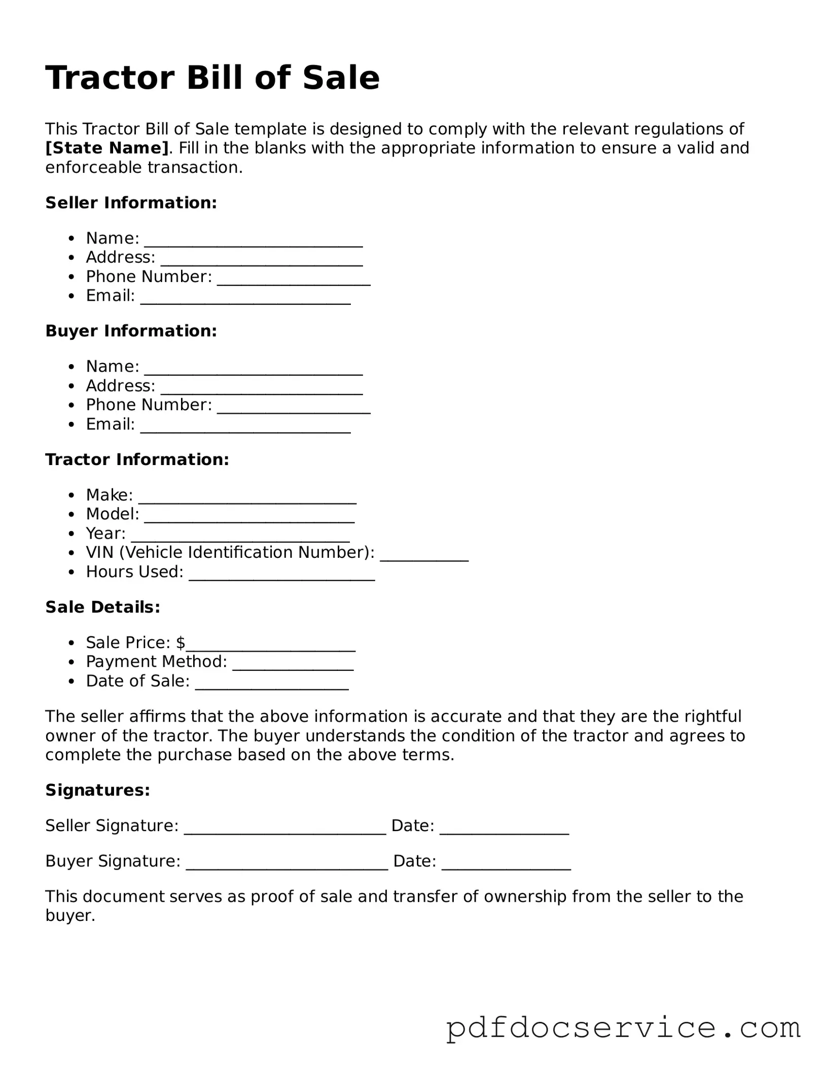 Blank Tractor Bill of Sale Form