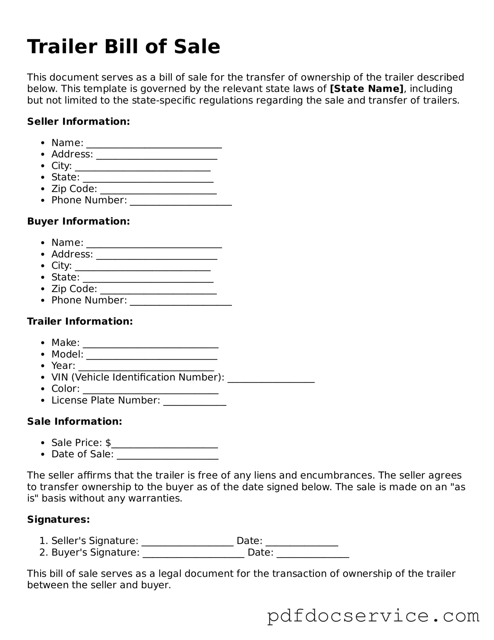 Blank Trailer Bill of Sale Form