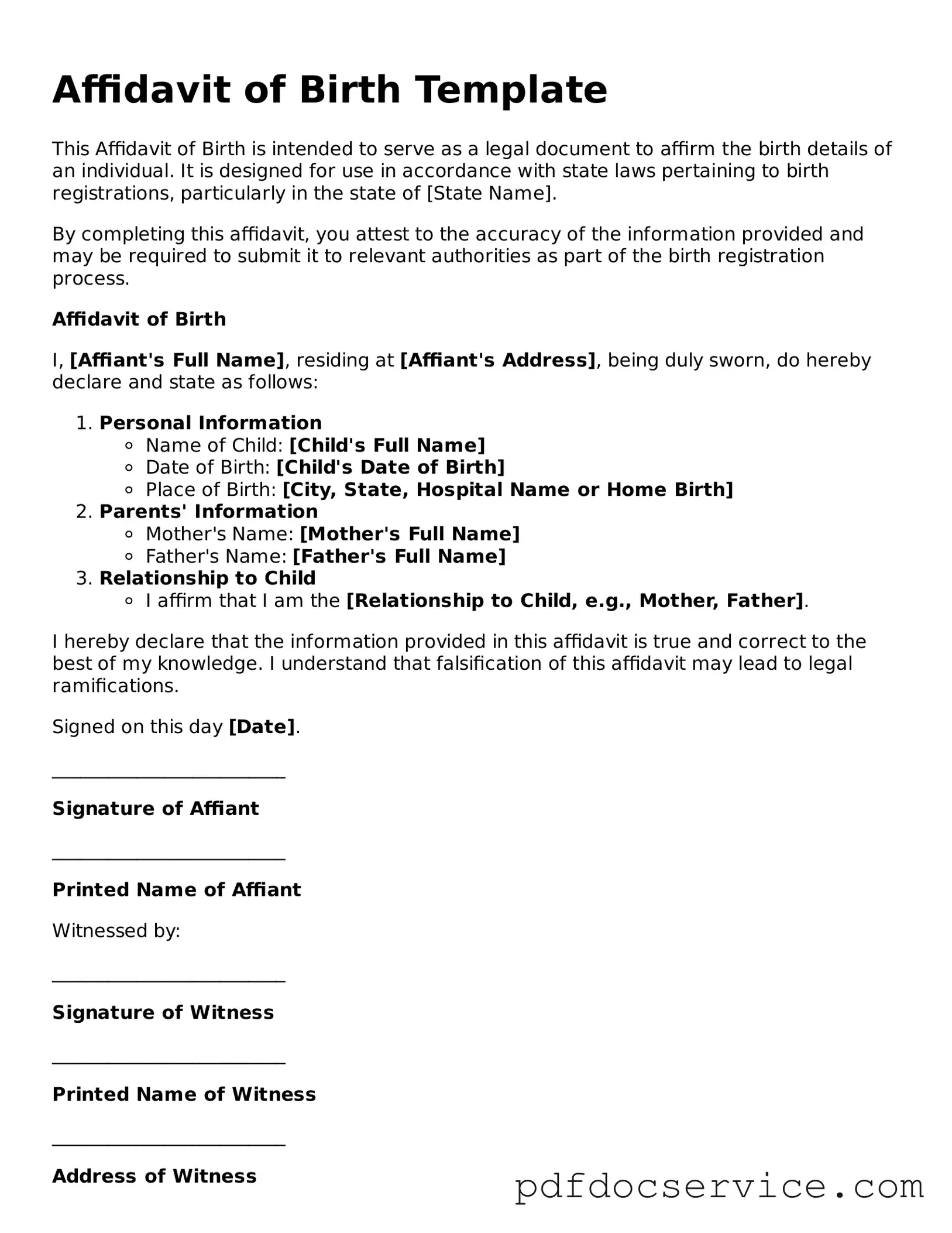 Blank Affidavit of Birth Form