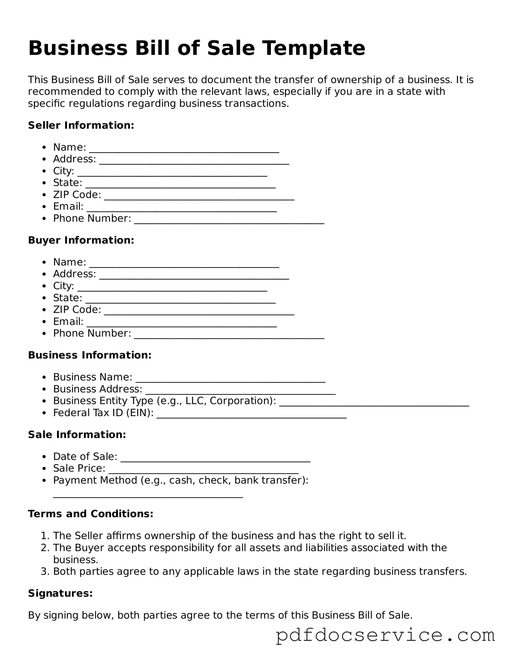 Blank Business Bill of Sale Form