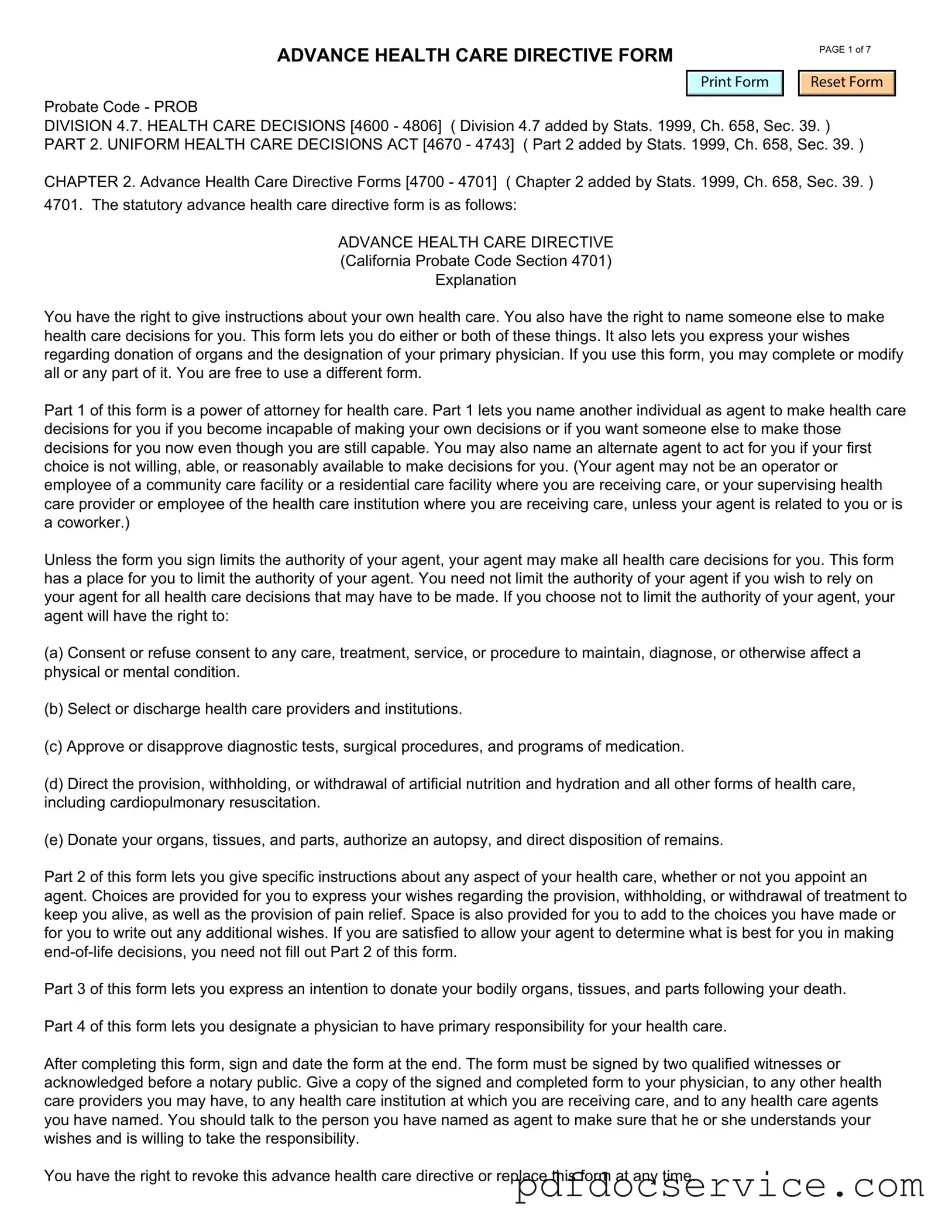 Fill Your California Advanced Health Care Directive Form