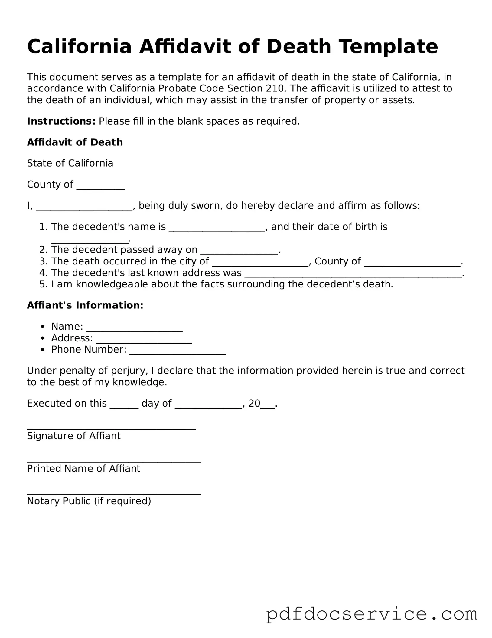 Printable  Affidavit of Death Template for California