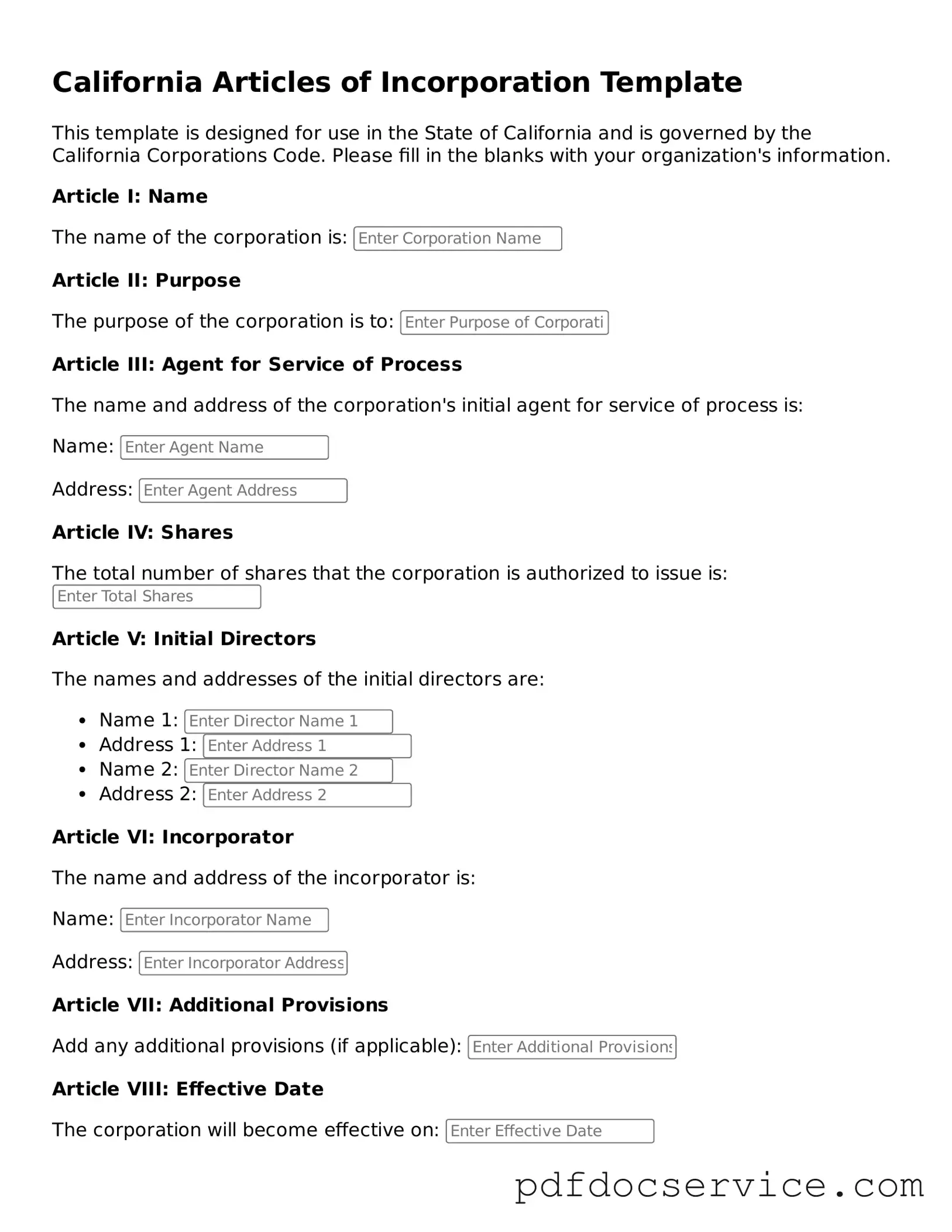 Printable  Articles of Incorporation Template for California